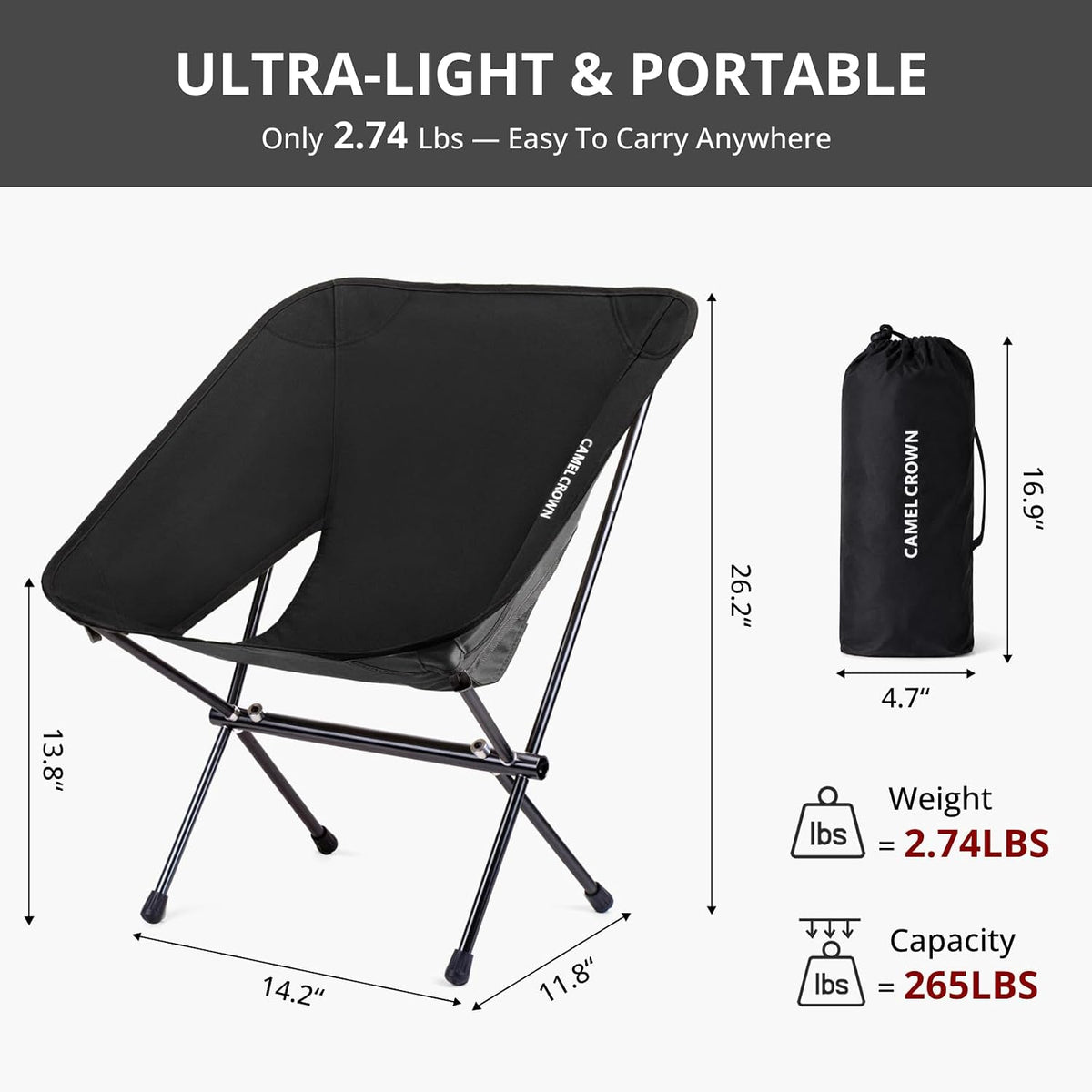 CAMEL CROWN Portable Camping Chair Lightweight Compact Folding Chair Mesh for Outdoor Camp Travel Beach Picnic Festival Hiking Backpacking (Black-1, 1 Pack)