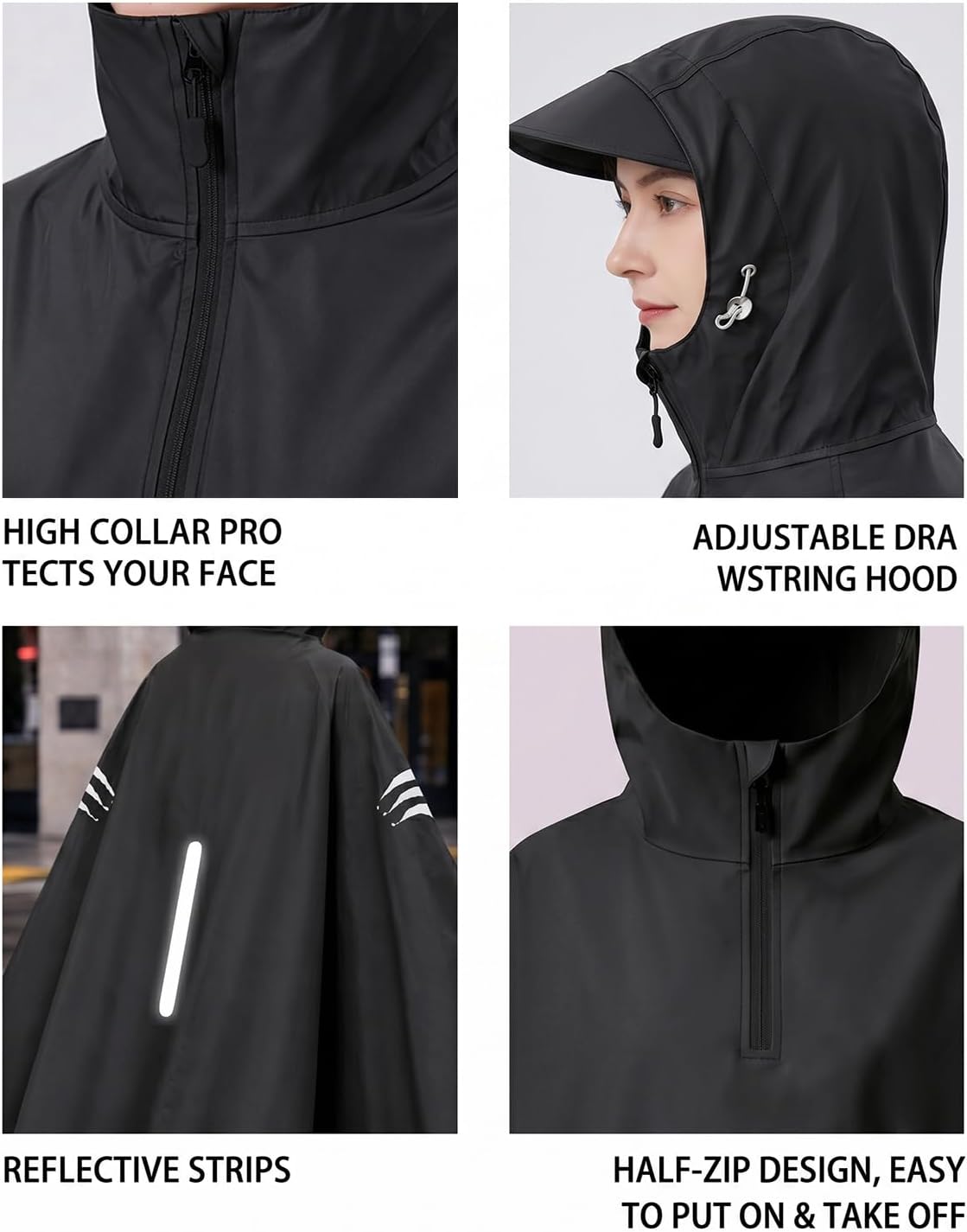 Rain Poncho Waterproof Full Body Long Hooded with Double-Face Visor Mask, Packable Raincoat for Cycling, Hiking