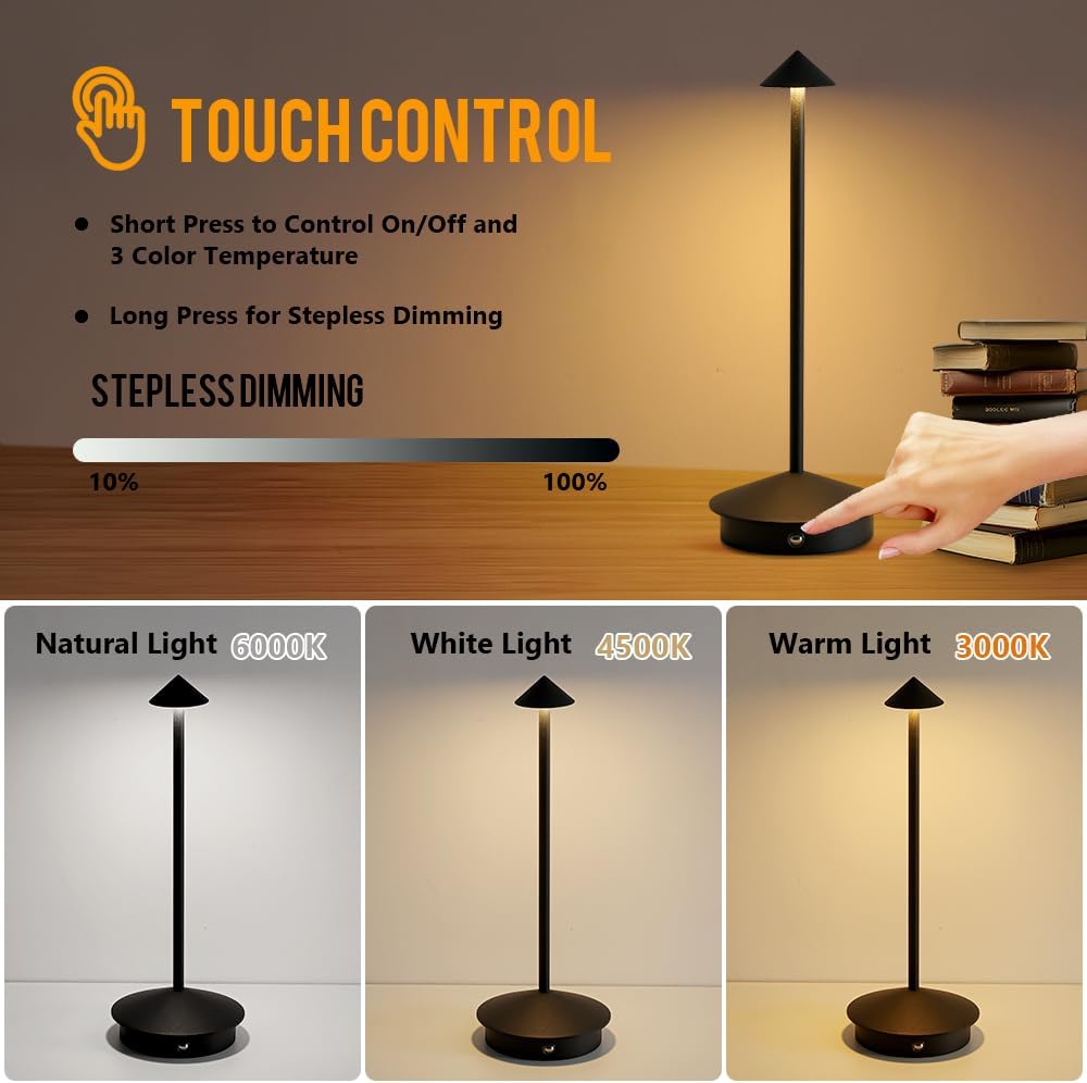 2 Pack LED Rechargeable Cordless Table Lamps,Portable Outdoor 5000mAh Battery Operated Table Light Touch Control 3 Color Dimmable for Patio/Cofee/Restaurant/Camping/Dining/Bedroom-Black