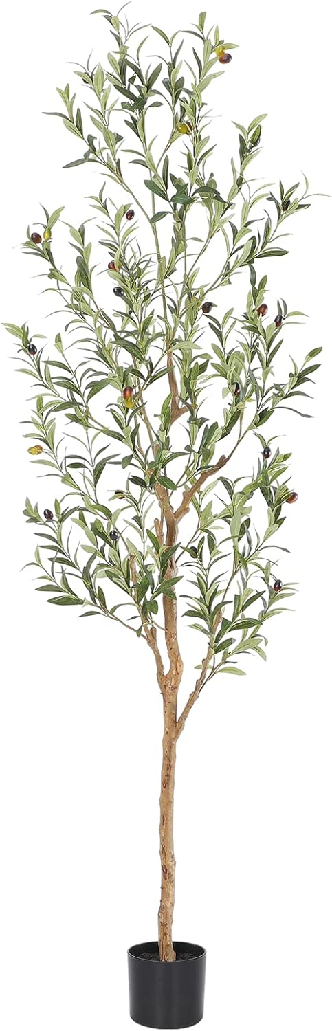 Bellacat Faux Olive Tree 7ft，Olive Trees Artificial Indoor with Natural Wood Trunk and Realistic Leaves and Fruits. 7 Feet(84in) Fake Olive Tree for Home House Office Décor.