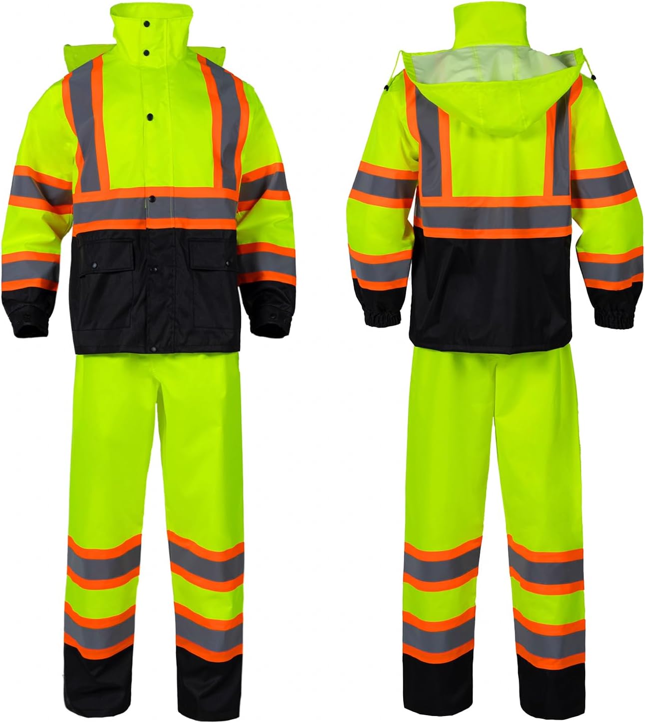 FONIRRA Class 3 High Visibility Rain Suit With Detachable Hood Waterproof Lime Reflective Safety Worker Jacket & Pants (4XL/5XL Yellow)
