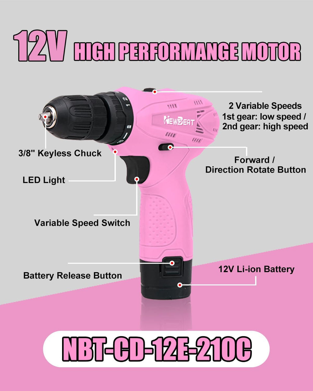 12V Cordless Drill Set with 2 Battery, Pink Drill for Women