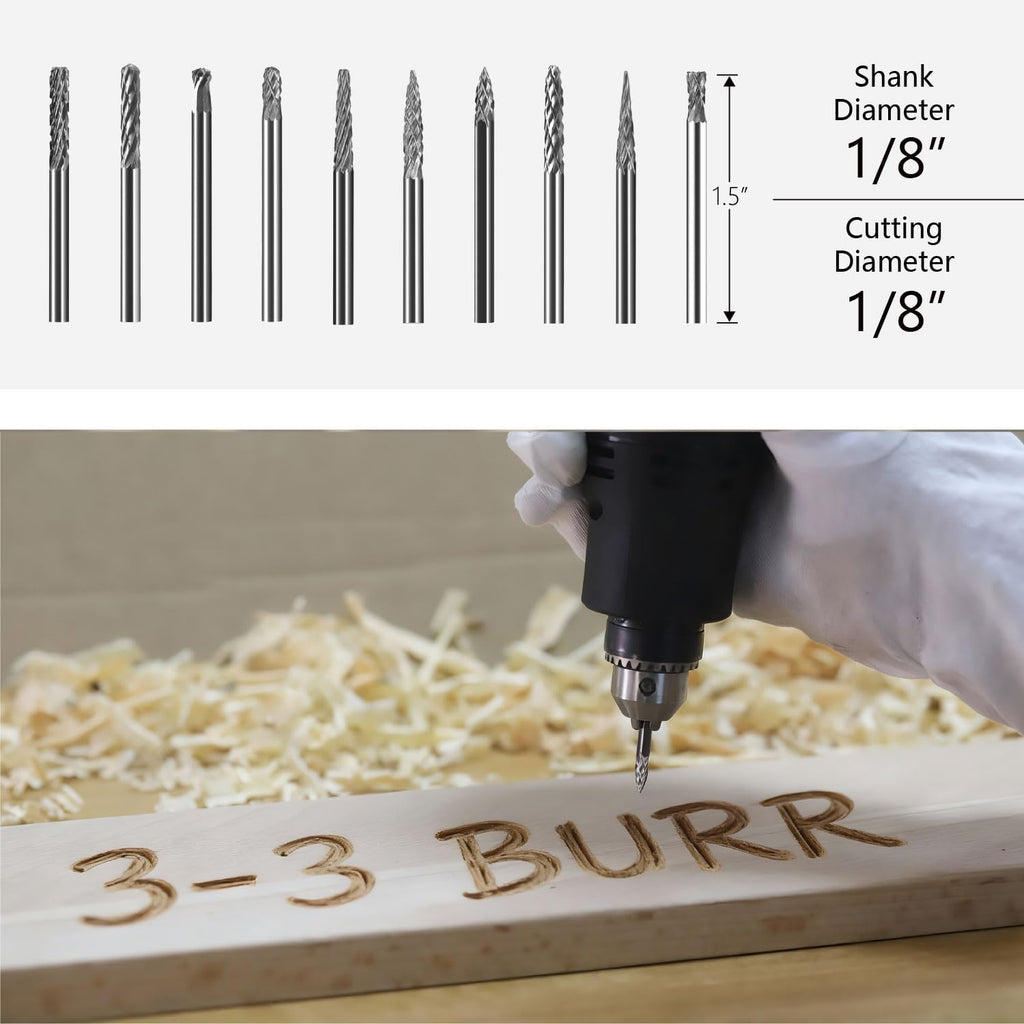 Mini Carbide Burrs Set 1/8’’ Shank Solid Tungsten Carbide Burrs with 1/8’’ Cutting Head Double Cut Rotary File for Die Grinder Rotary Drill Tool 20pcs for Carving Grinding Engraving Polishing Bit
