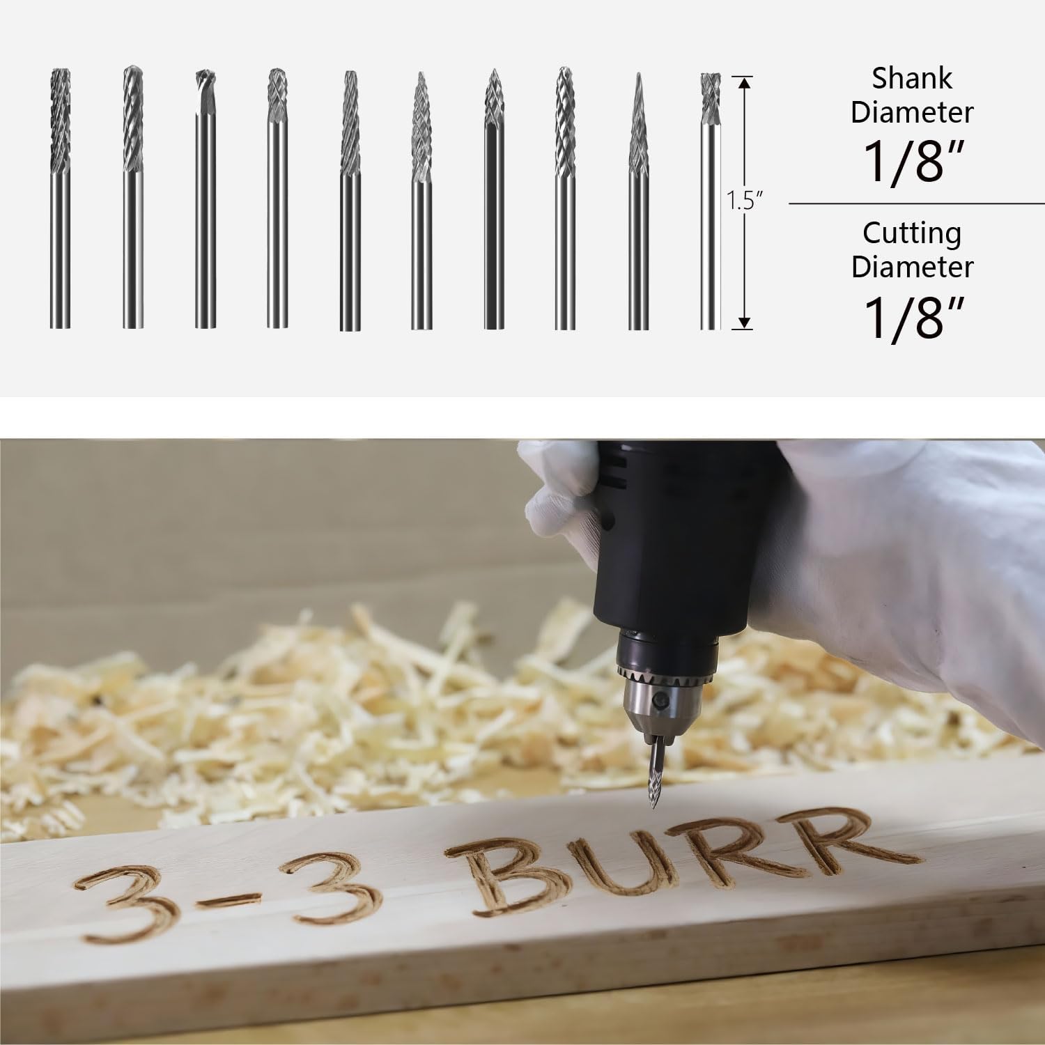Mini Carbide Burrs Set 1/8’’ Shank Solid Tungsten Carbide Burrs with 1/8’’ Cutting Head Double Cut Rotary File for Die Grinder Rotary Drill Tool 20pcs for Carving Grinding Engraving Polishing Bit