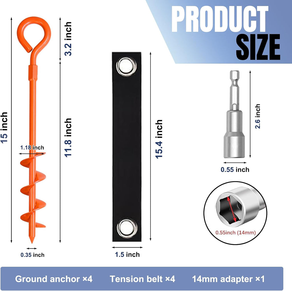 Eurmax USA 4 Pack Heavy Duty Ground Stakes&Anchors,Commercial Spiral Screw-in Trampoline Stakes with Reinforced Tie-Down Straps,High Wind Stabilizing Kit for Canopies,Outdoor Sheds,Swing Sets(Orange)