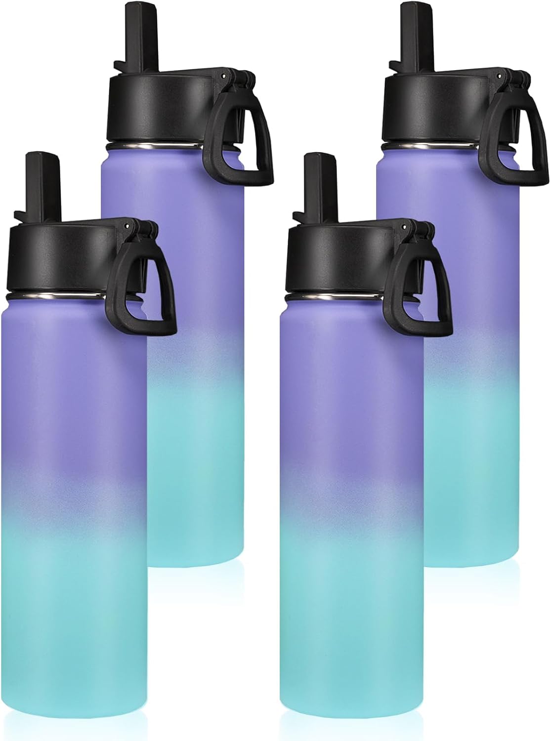 Neihepal 22 oz Insulated Water Bottles Bulk, Double Walled Vacuum Stainless Steel Water Bottle Multipack with Leak Proof Straw Lid for Men, Adults, Kids, Gym, Sports (Purple Blue,4 Pack)