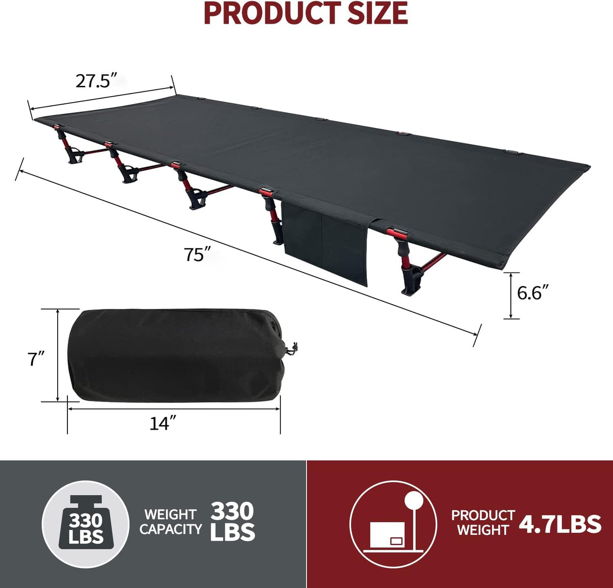 Sutekus Portable Camping Cot Sleeping Cot Ultralight Backpacking Cot Bed for Outdoor Hiking Travel Beach Mountaineering (Black)