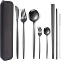 AARAINBOW 8 Pieces Stainless Steel Flatware Set Portable Reusable Cutlery Set Travel Utensils Set Including Chopsticks Knife Fork Spoon Straws Cleaning Brush Dishwasher Safe (Black)