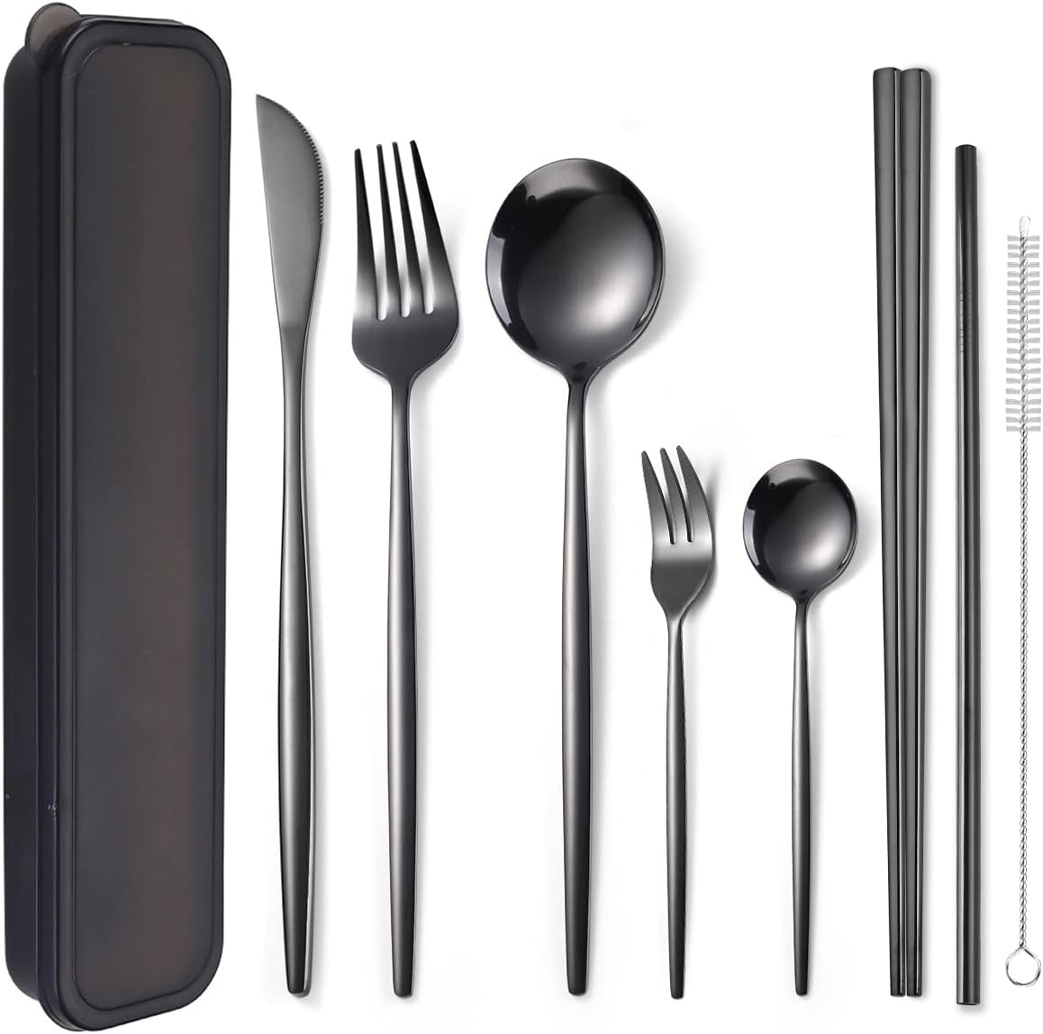 AARAINBOW 8 Pieces Stainless Steel Flatware Set Portable Reusable Cutlery Set Travel Utensils Set Including Chopsticks Knife Fork Spoon Straws Cleaning Brush Dishwasher Safe (Black)