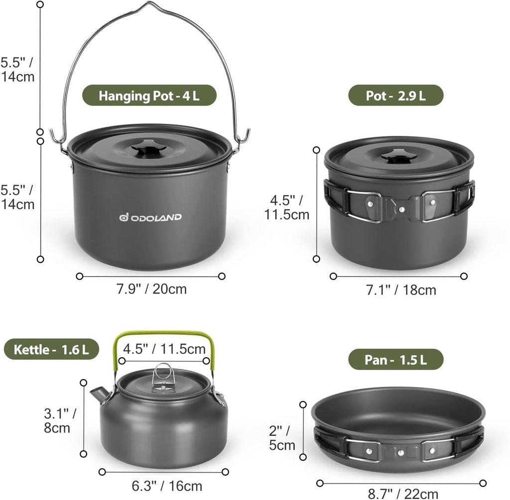 Odoland 39pcs Camping Cookware Mess Kit, Non-Stick Large Size Hanging Pot Pan Kettle with Base Dinner Cutlery Sets for 6 and More, Cups Dishes Forks Spoons Kit for Outdoor Camping Hiking Picnic