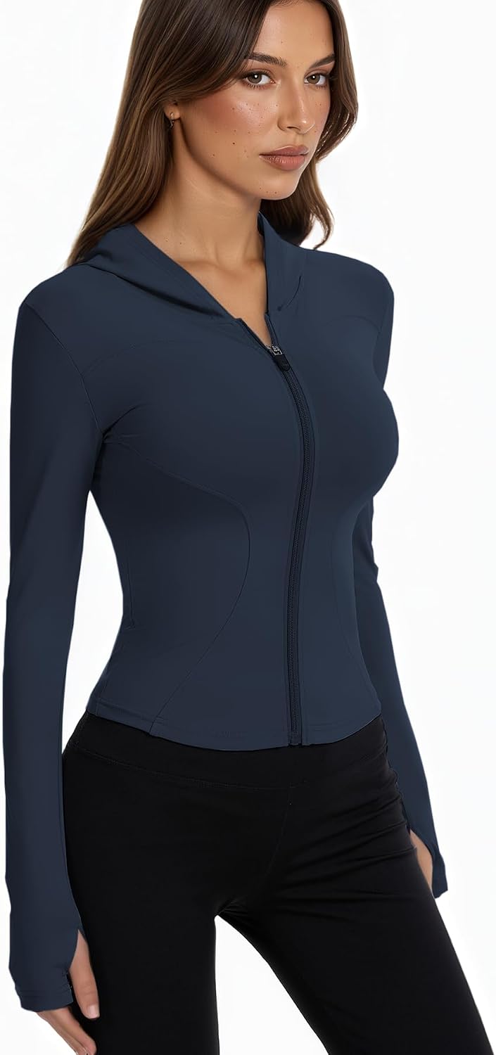 Women Bbl Jackets with Hood Compression Workout Tops Lined or Unlined Lightweight Yoga Gym Jacket with Thumb Hole