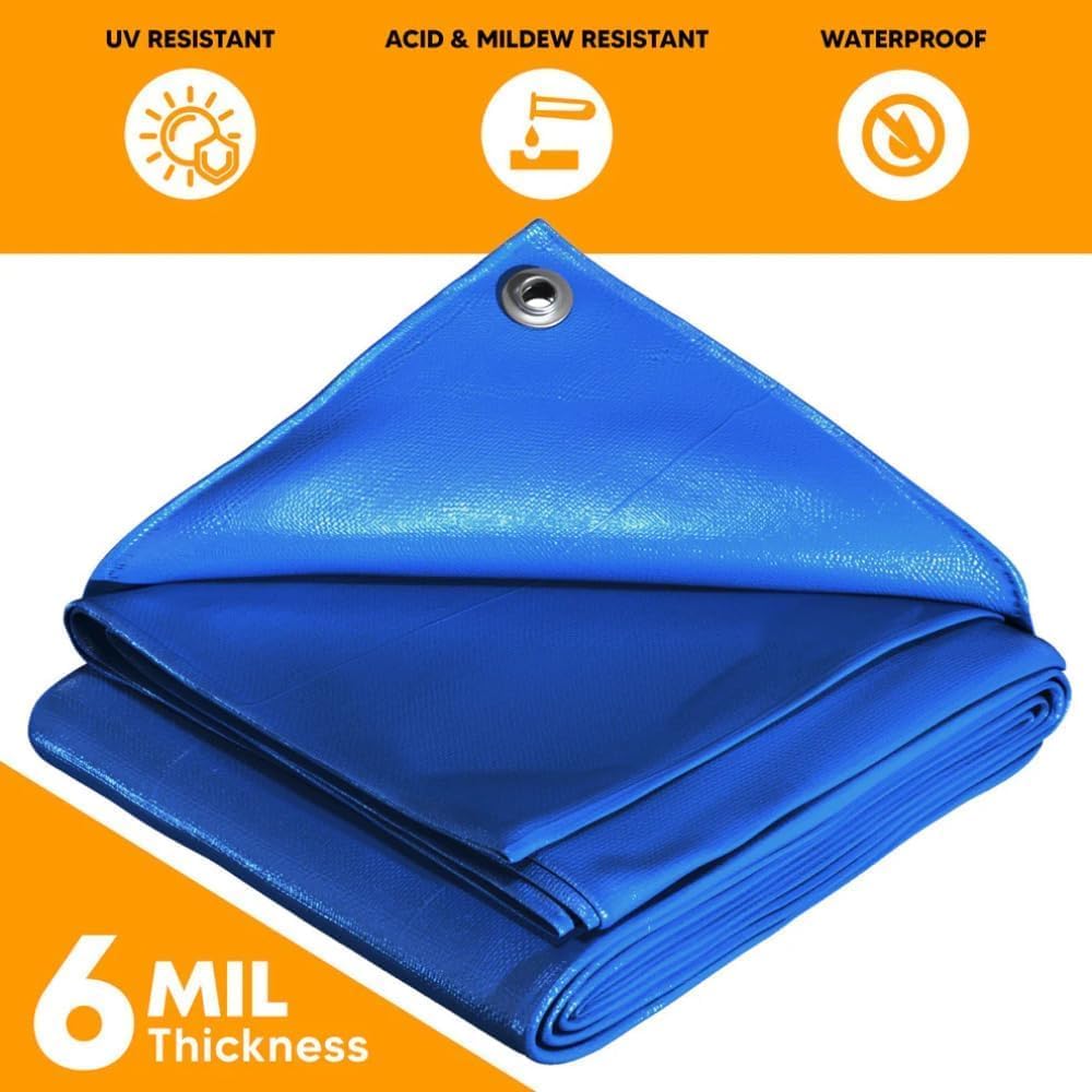 TarpsPlus Light-Duty 6 Mil Poly Tarps, Waterproof & Tear Resistant Temporary Cover, Multi-Purpose Tarp for Cars, Garden, Equipment, Camping & Outdoor Use, Blue 20' x 20'