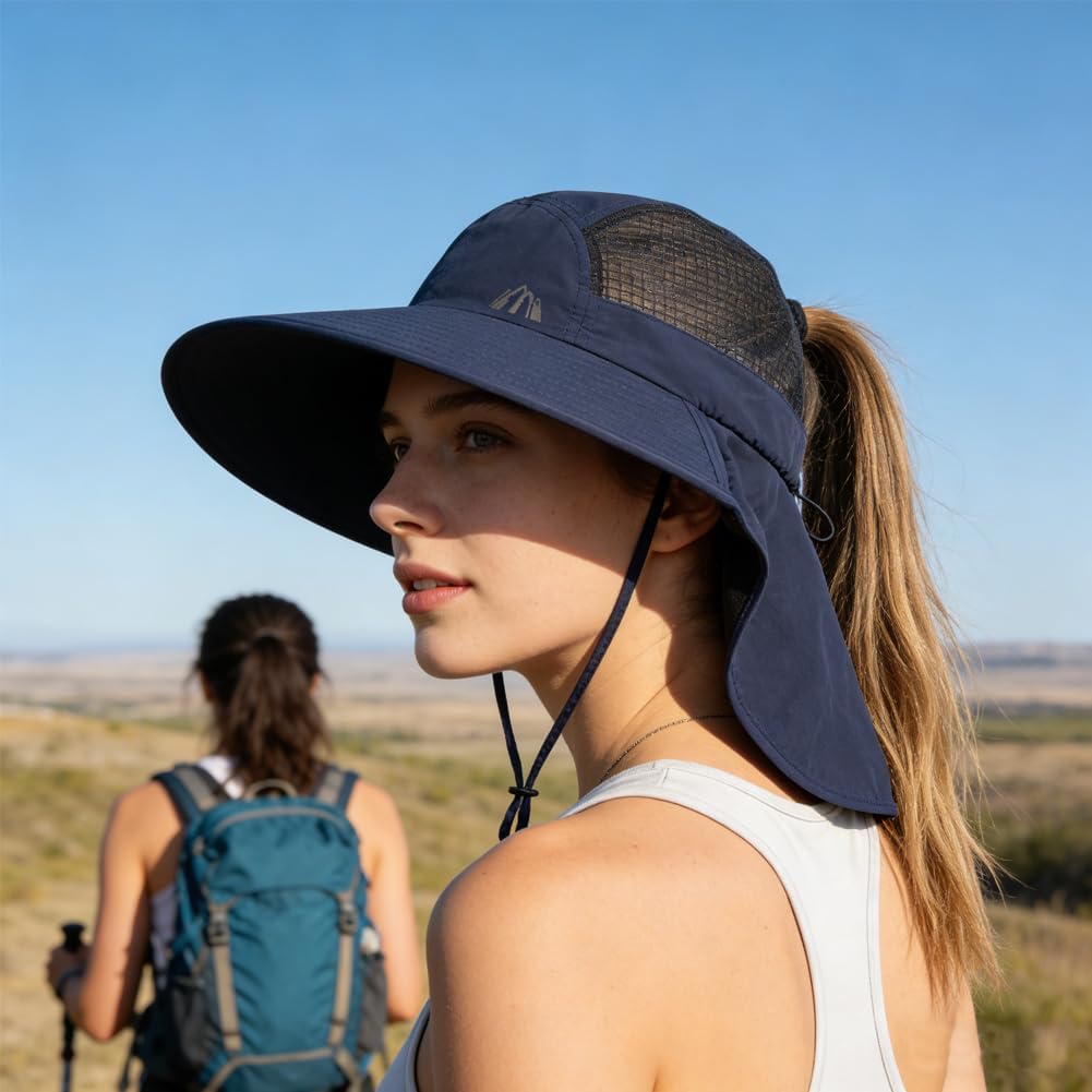 UV Sun Protection Hat Women Foldable Neck Flap Wide Brim Fishing Hat with Ponytail Hole for Women