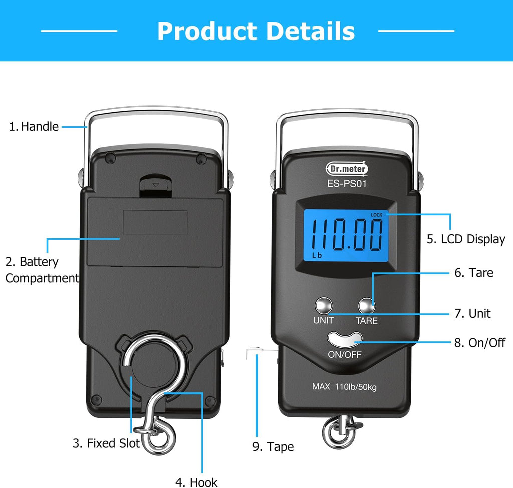 Dr.meter Fish Scale, 110 lb Digital Luggage Scale with Tape