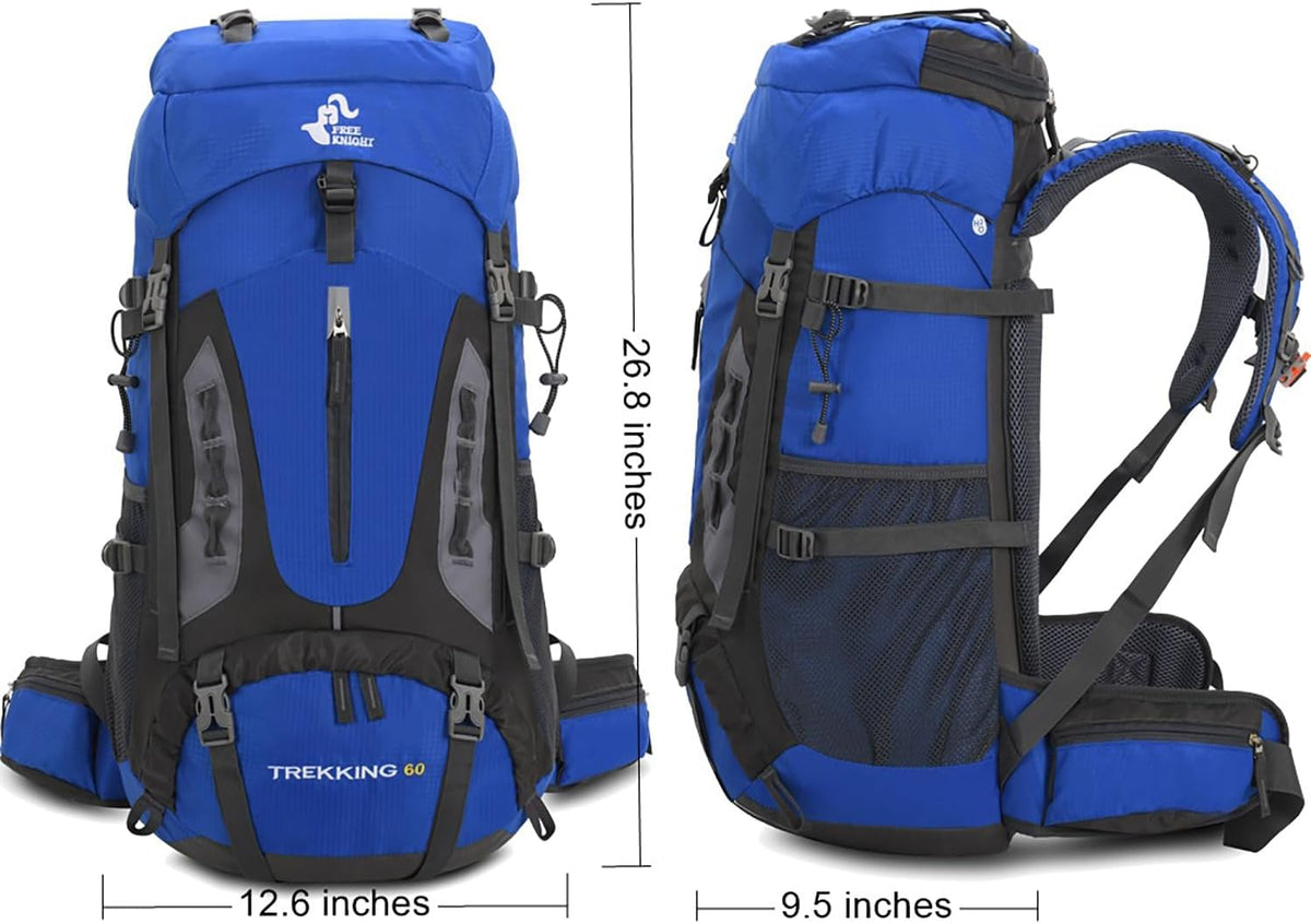 Bseash 60L Hiking Camping Backpack with Rain Cover, Waterproof Large Capacity Outdoor Sport Travel Daypack Climbing Touring (Blue)