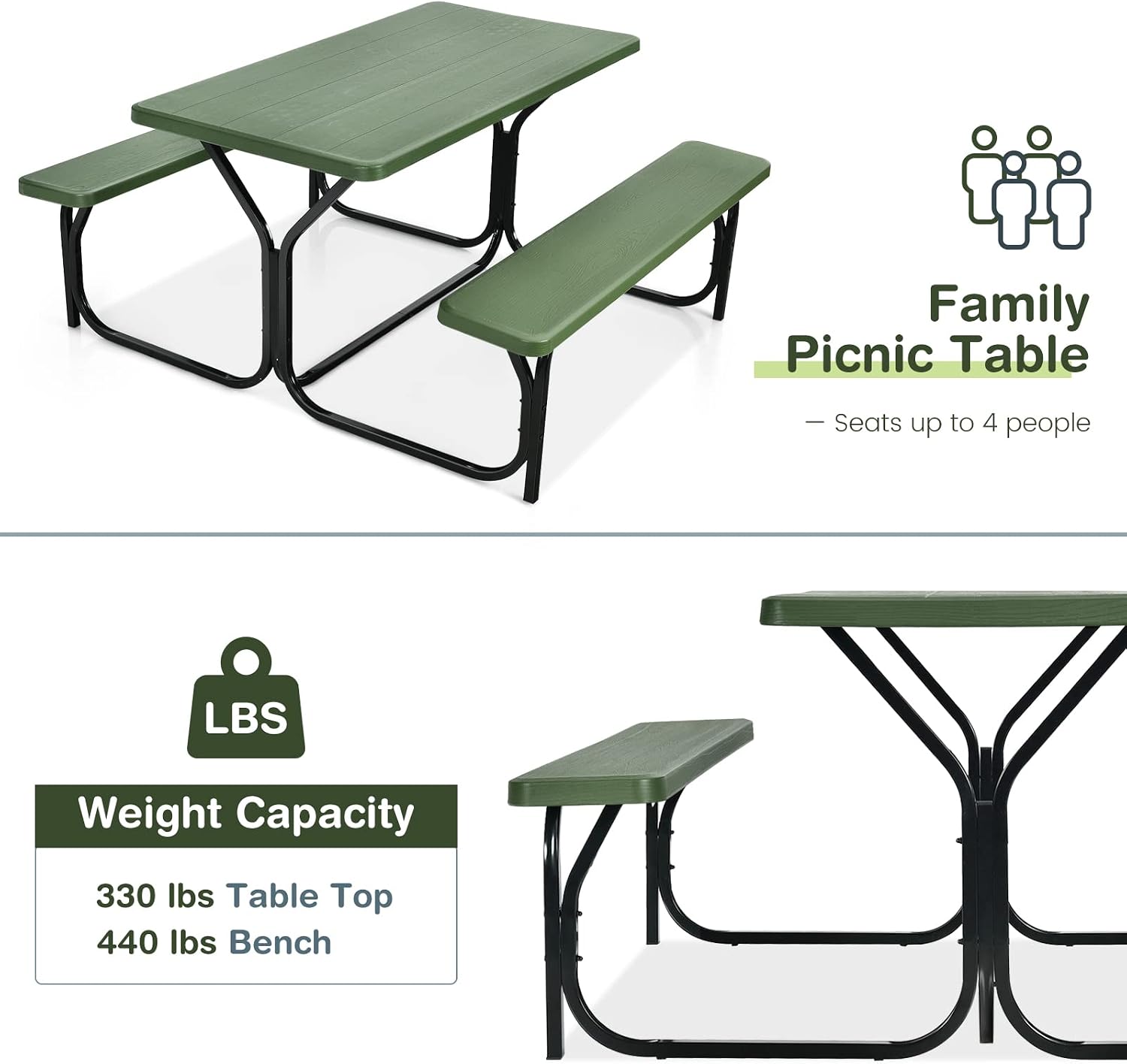 Tangkula Picnic Table Bench Set, Outdoor Picnic Table with 2 Benches, Metal Camping Table with Plastic Wood-Like Texture Tabletop & Steel Frame, Ideal for Picnic, Party, Garden, Lawn (Green)