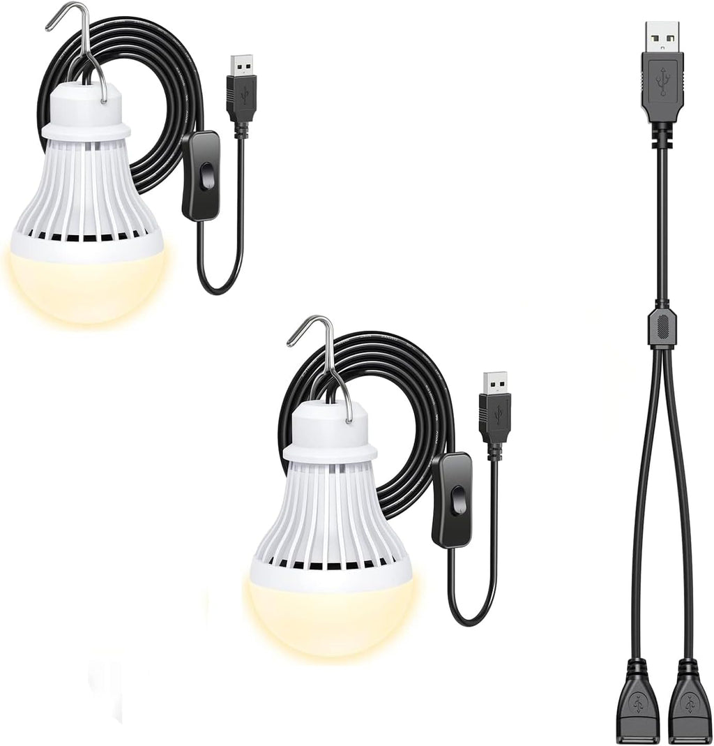 2 Pack USB LED Camping Lantern, 8.2 ft Extra Length Cord Tent Light with USB Y-Cable, Portable LED Bulb for Garage, Warehouse, Car, Truck, Fishing Boat, Room, Emergency Light, Warm