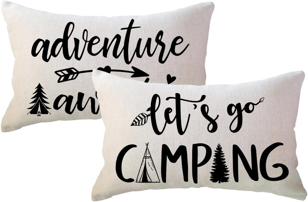 Adventure Camper Decorative Lumbar Pillowcase Double-Sided Let’s Go Camping/Adventure Awaits Throw Pillow Covers Cabin/Camper Cushion Covers 12x20,2Pack for Sofa/Couch/Porch (Blue)