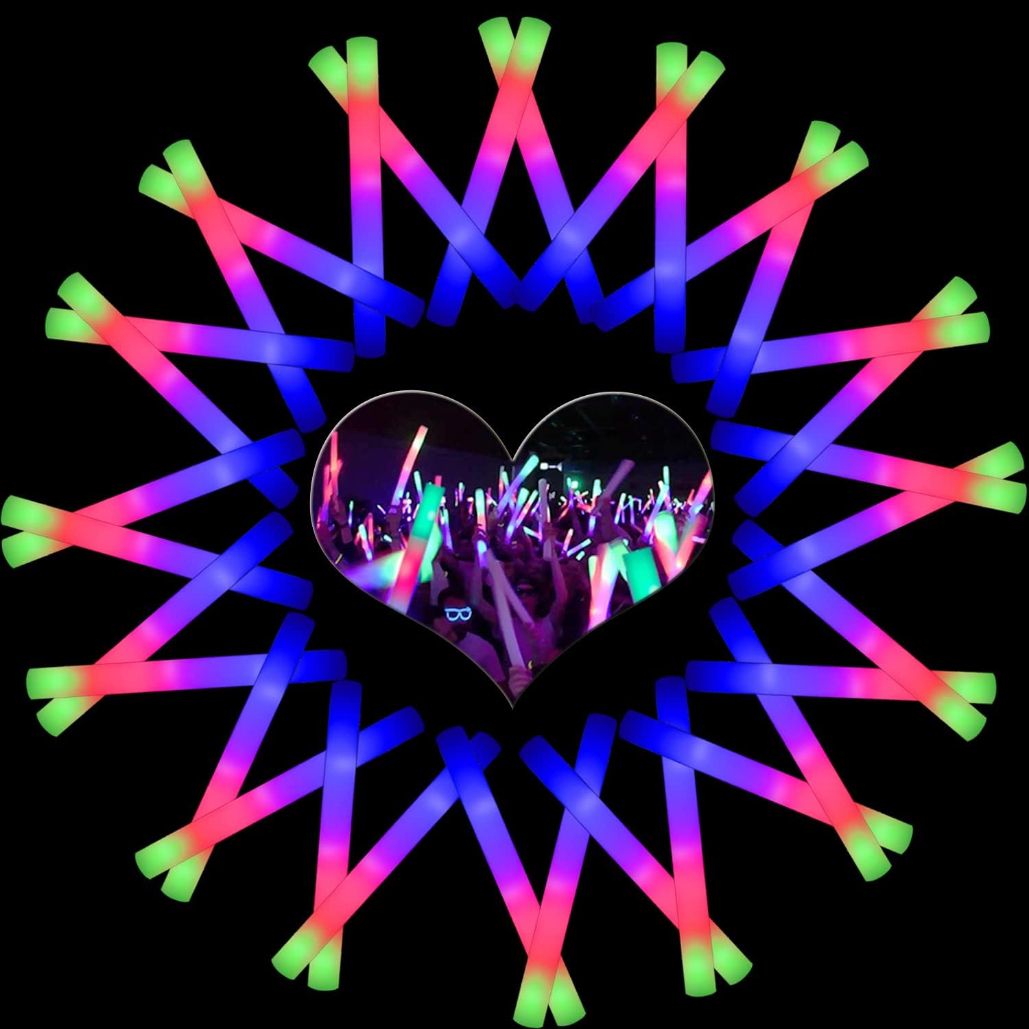 EXCECAR Foam Glow Sticks, 50 Pcs LED Foam Sticks with 3 Modes Colorful Flashing, Glowing in The Dark Party Supplies for Wedding Birthday Raves Concert Festivals Sporting Events