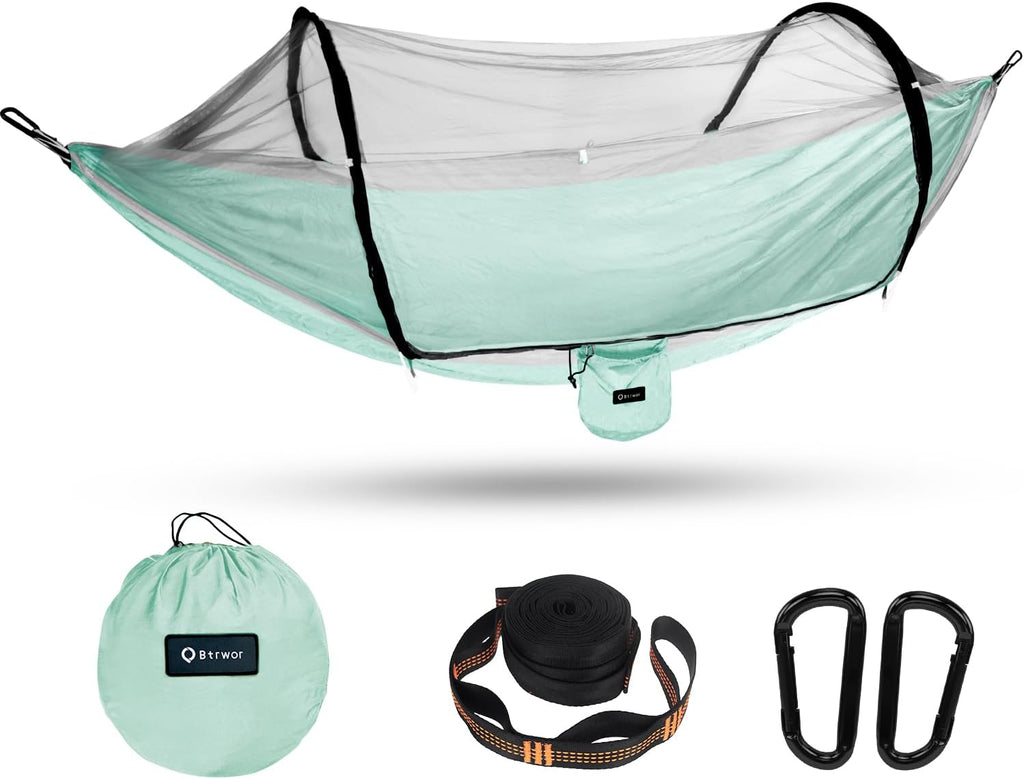 Hammock with Mosquito Net - Lightweight, Portable, 1 Person Hammock - for Camping, Hiking, Backpacking, Travel, a Festival, or The Beach (Dark Green)