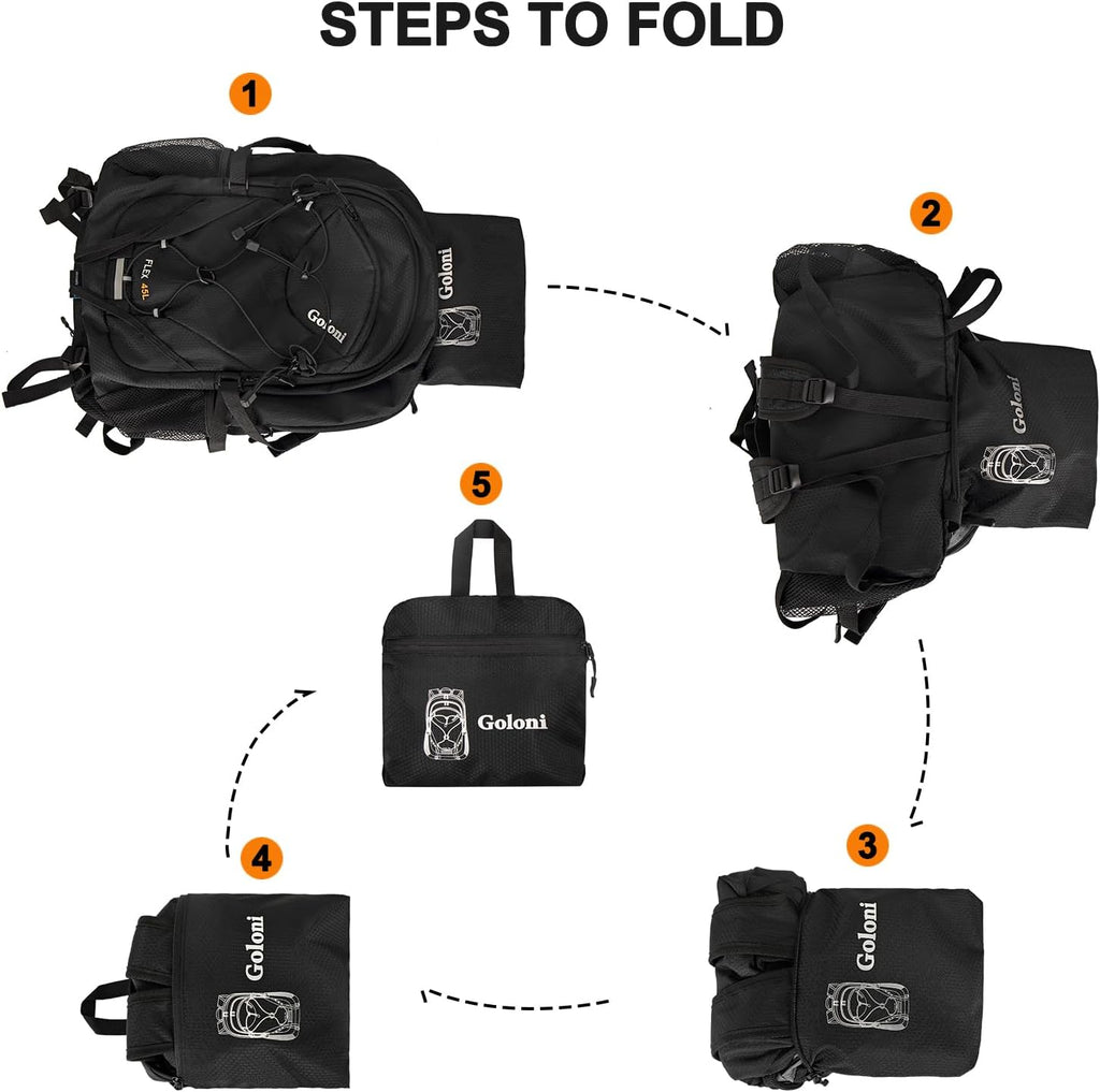 Goloni 45L Hiking Backpack Lightweight Foldable, Waterproof Camping Backpack with Rain Cover & Hiking Pole Mat Carrying System, Ergonomic Water Resistant Daypack for Trekking Travel Men Women,Black