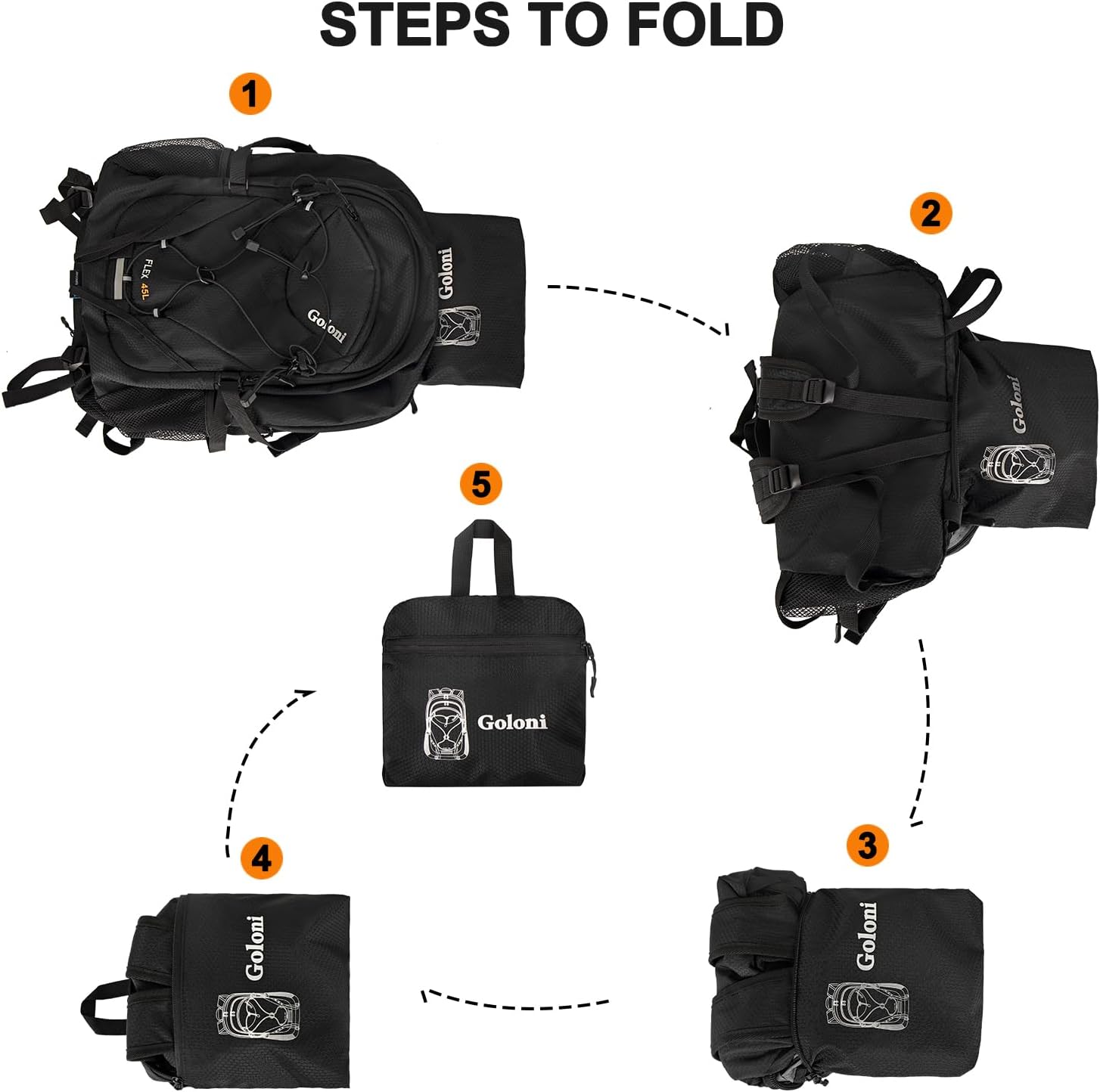 Goloni 45L Hiking Backpack Lightweight Foldable, Waterproof Camping Backpack with Rain Cover & Hiking Pole Mat Carrying System, Ergonomic Water Resistant Daypack for Trekking Travel Men Women,Black