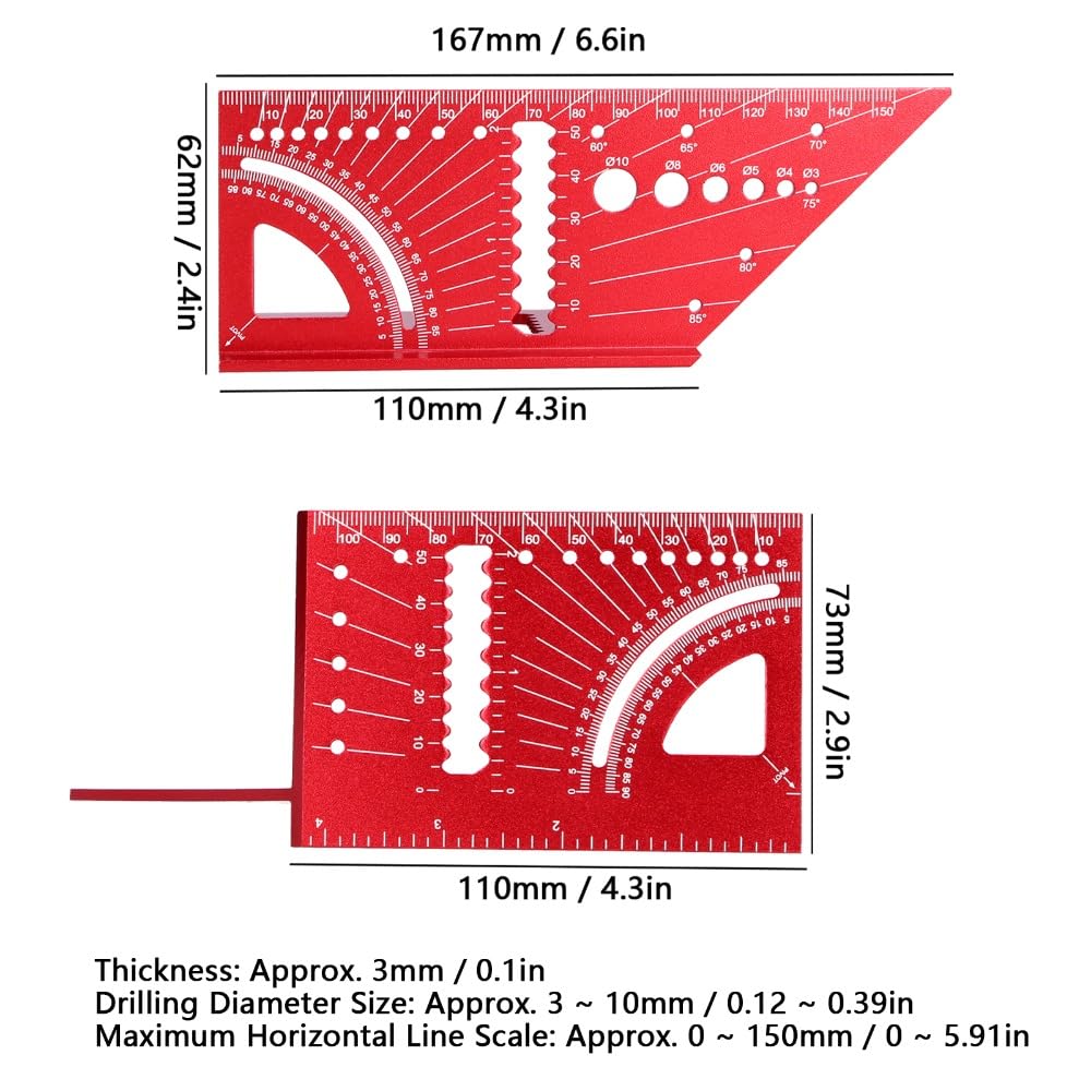 Aluminum Alloy Woodworking Ruler 150mm | 45/90 Degree Angle Measuring Tool with Etched Marking for Carpentry and Drilling Guide