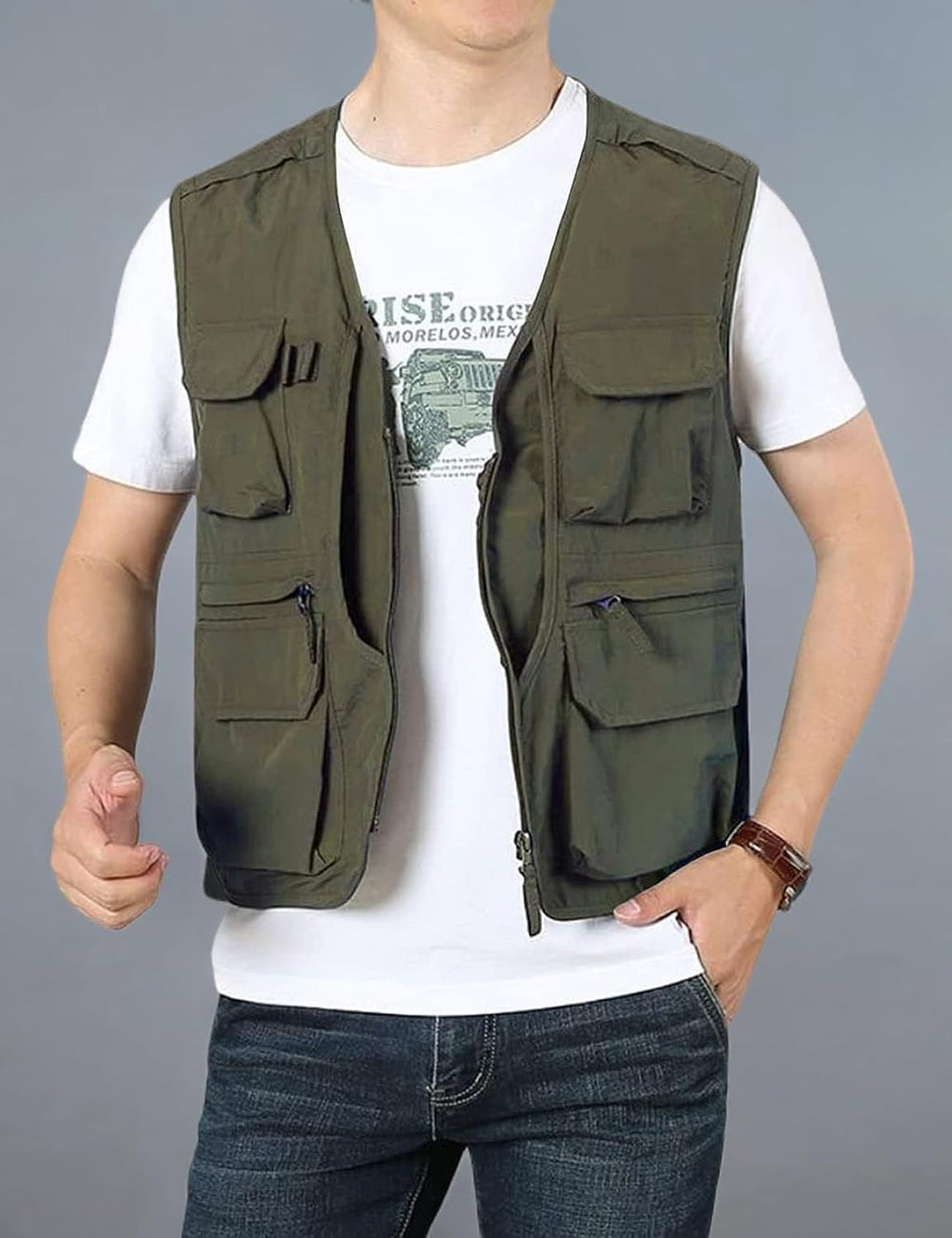 Flygo Men's Utility Cargo Vest Outdoor Fishing Safari Travel Work Photo Vest with Pockets