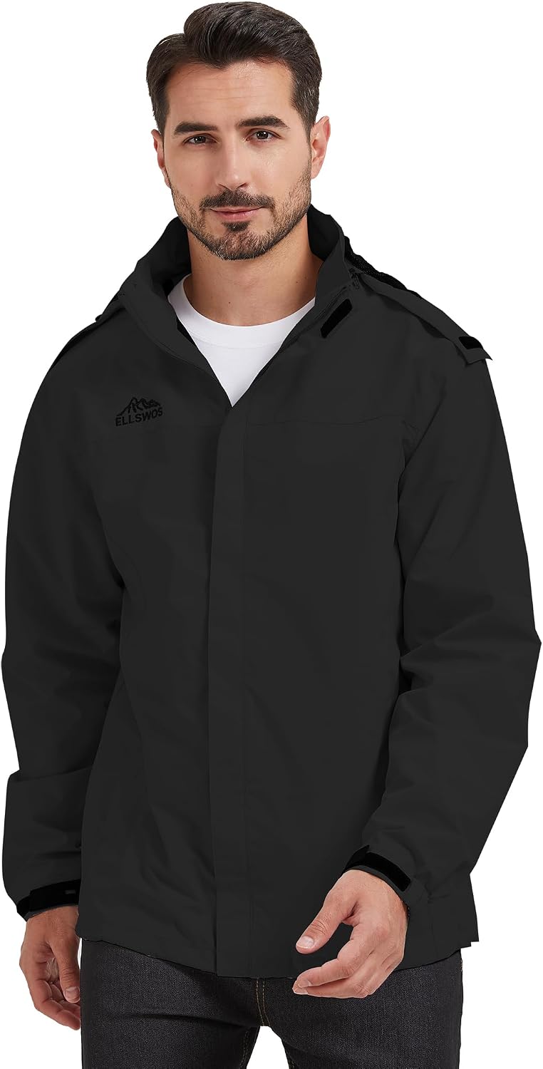 ELLSWOS Men's Lightweight Waterproof Rain Jacket with Detachable Hood