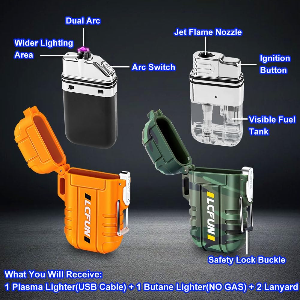 Electric Plasma Lighter, Torch Lighter, 2 Pack Outdoor Waterproof Matches | A Rechargeable Dual Arc lighter + A Refillable Butane Lighter, Camping Hiking Hunting Gadgets,Survival Gear Gifts for Men