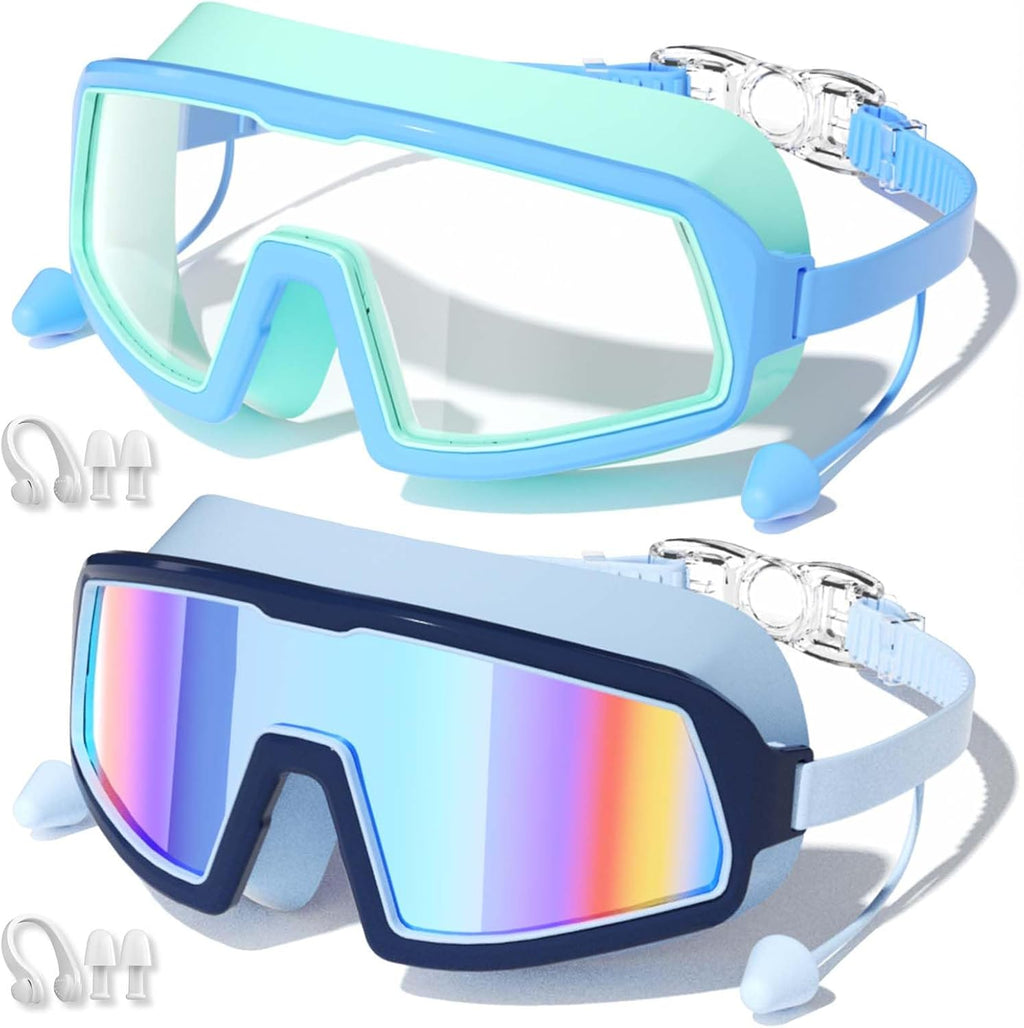 Kids Swim Goggles 2 Pack, Large Frame, Anti-Fog, UV Protection, Leakproof, Wide View, Age 4-14