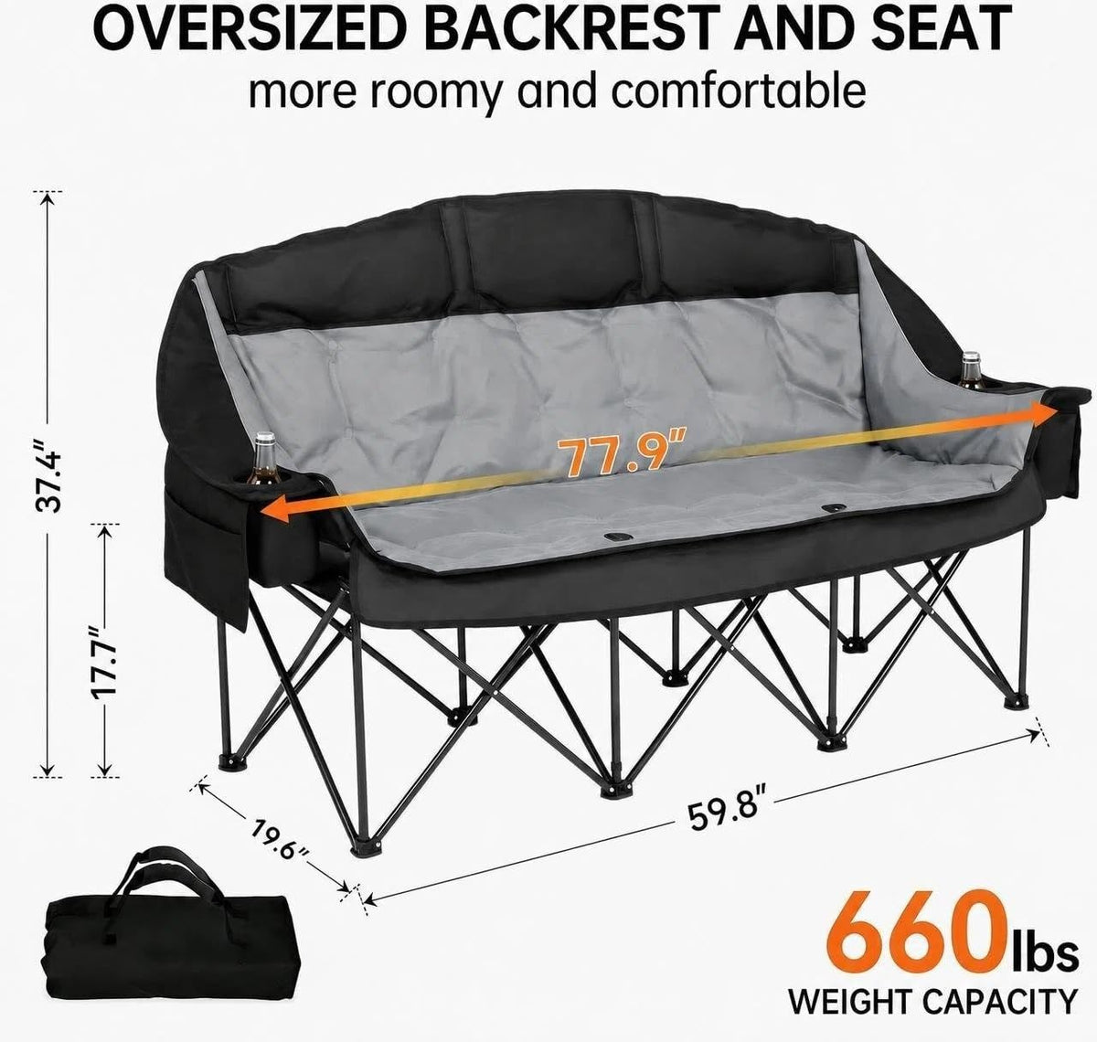 Oversized 3 Person Camping Chair Double Camp Loveseat Lawn Chair