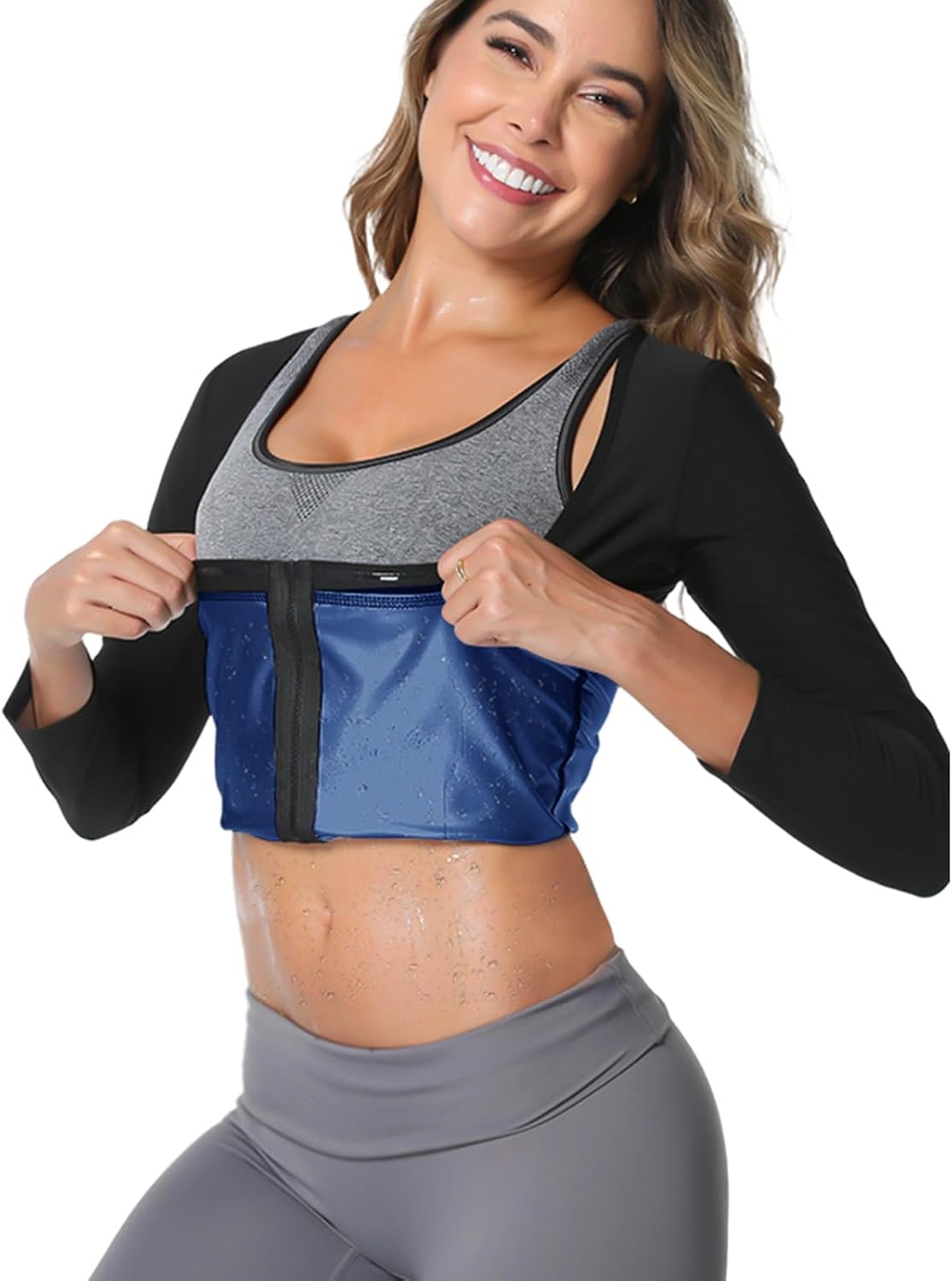 Sauna Suit for Women Heat Trapping Long Sleeve Sweat Suit Weight Loss Waist Trainer Workout Body Shaper with Zipper