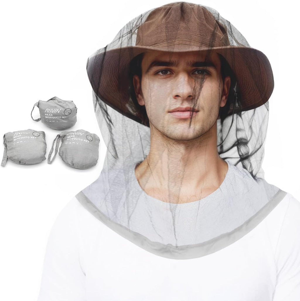 Anvin Mosquito Head Net Bug Hood for Fishing, Camping, Gardening Hat-Compatible Insect Shield Breathable Mesh Face Cover from No See Ums, Insects, Bugs(3 Pack, Upgraded One-piece Design, Black)