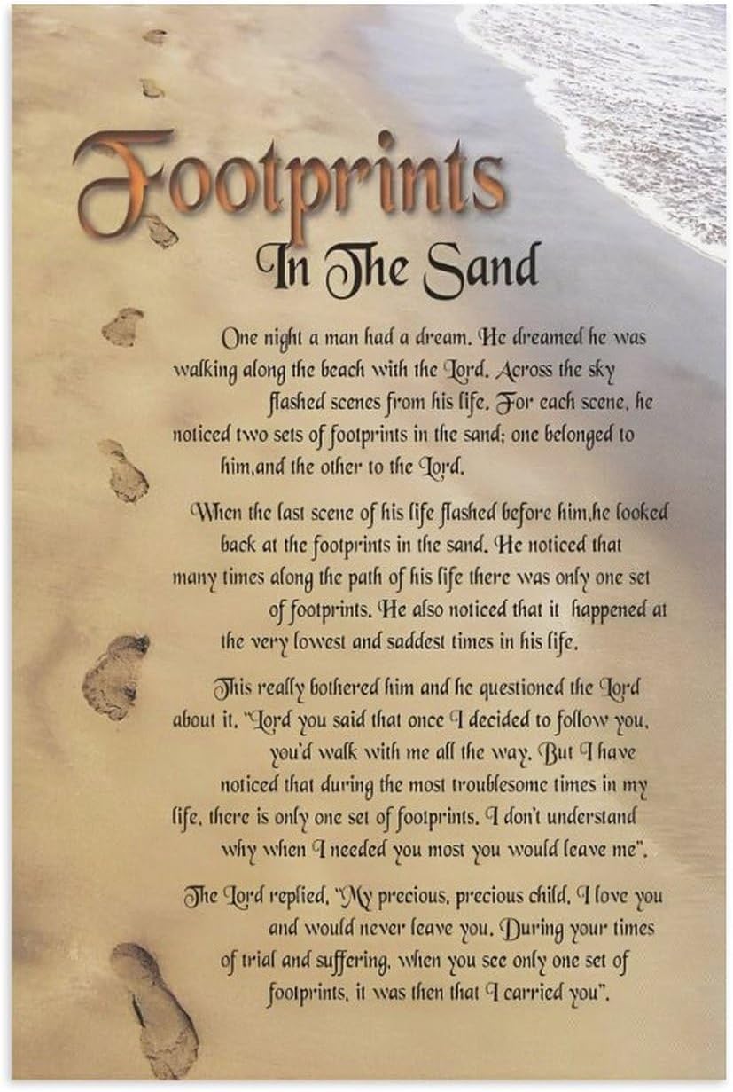 Footprints in the Sand Religious Canvas Wall Art Posters, Inspirational Beach Sunset Poem Print Poster (Unframed 24x36inch, Footprints(3))