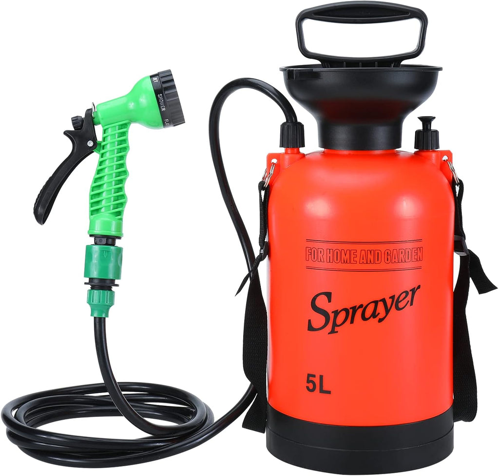 SearQ Portable Camping Shower with 7 Spray Modes, Hand Press Shower with Removable Hose and Head, Pressure Rinse Kit for Hiking, Traveling, Garden, Beach, Pet