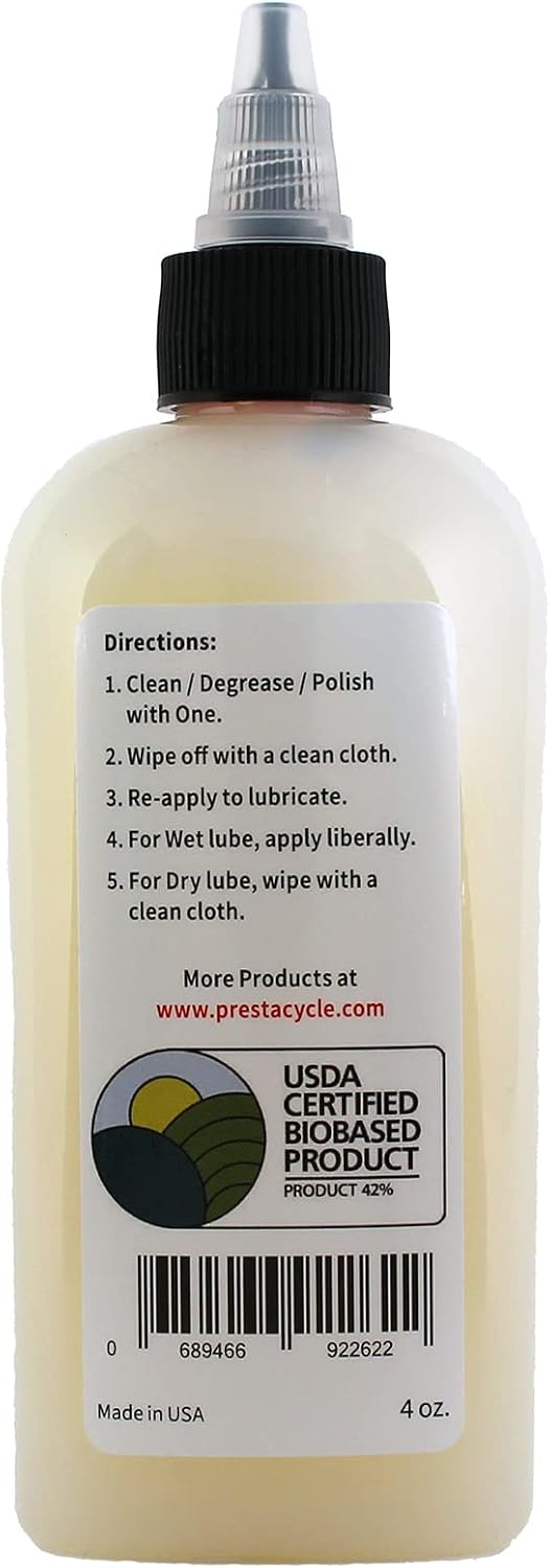 Prestacycle One Liquid, Bike Chain Lubricant and Cleaner, All-in-One Bicycle Lube, Degreaser, Paint Protectant, Metal Polish & Rust Remover, Without Alcohol or Petroleum