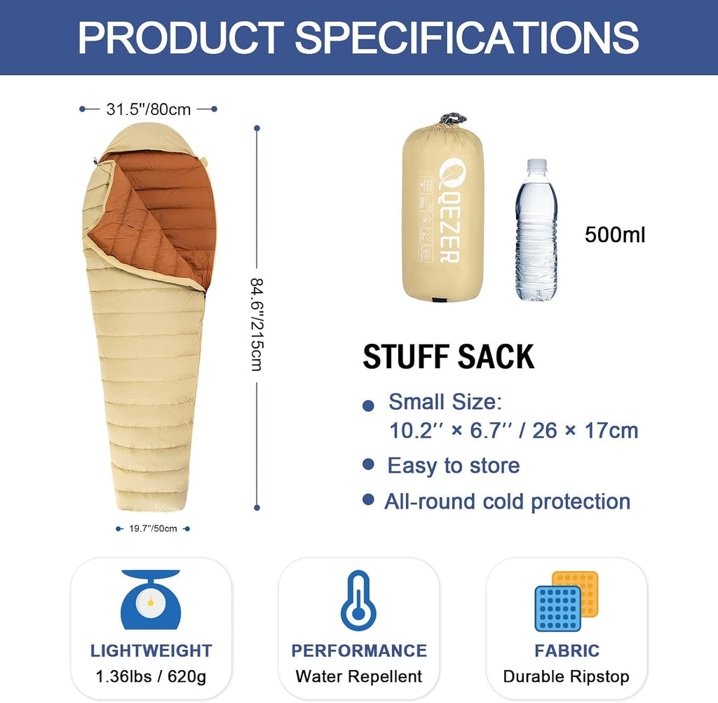 Ultralight Down Sleeping Bag for Adults, 600 Fill Power Backpacking