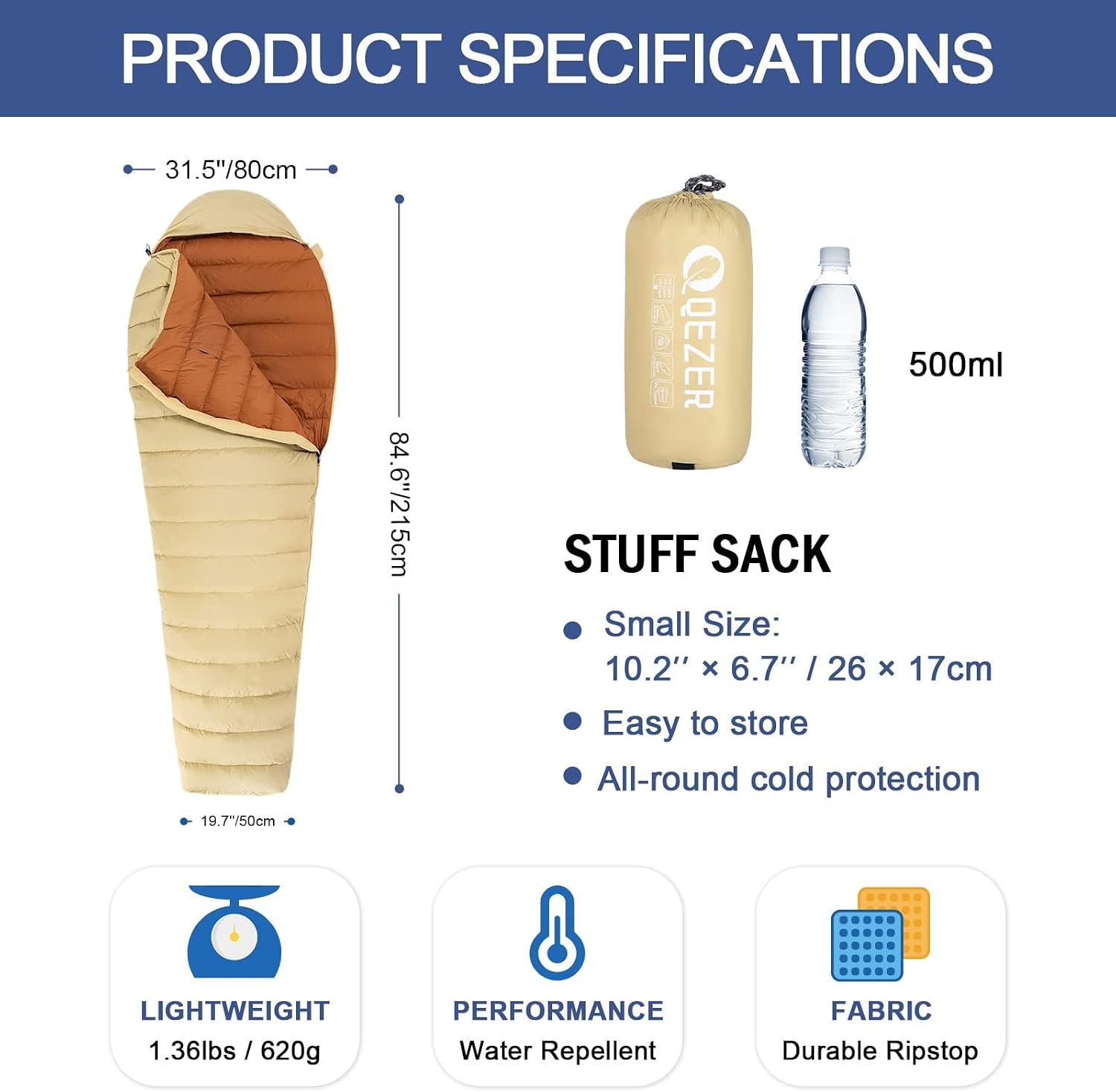 Ultralight Down Sleeping Bag for Adults, 600 Fill Power Backpacking