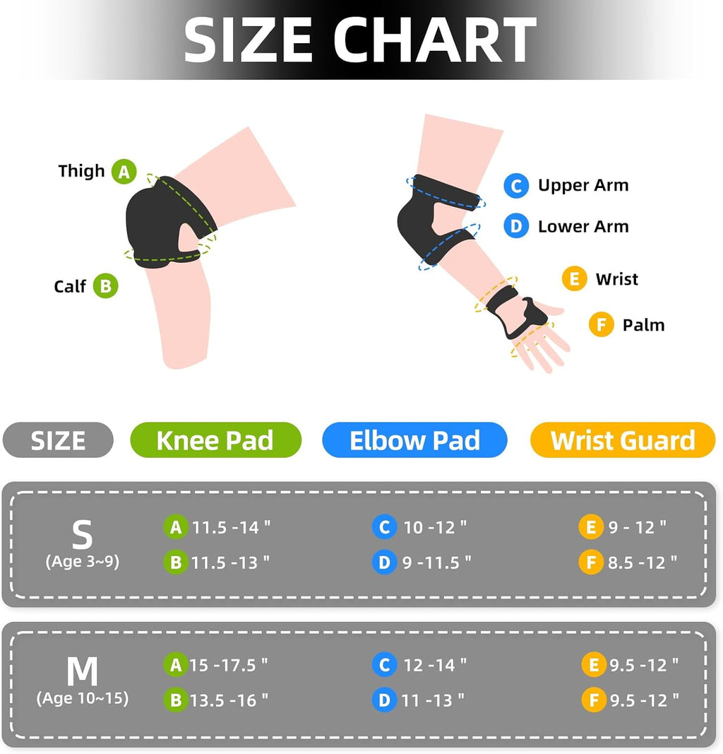 Nattork Knee Pads for Kids Youth Audlt，Knee and Elbow Pads with Wrist Guards 6 in 1 Protective Gear Set for Skateboard, Roller Skate, Inline Skates, Cycling and Scooter Boys Girls