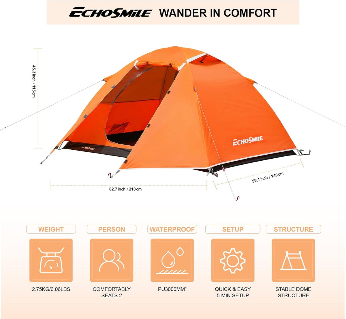 EchoSmile Lightweight Backpacking 2 Person Tent Waterproof Camping Tent