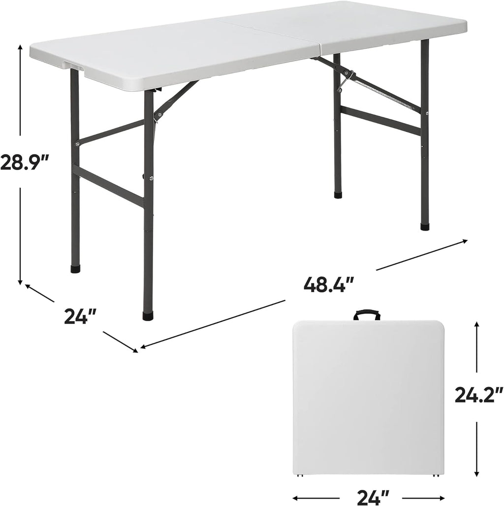 SUPER DEAL Portable 4 Foot Plastic Folding Table, Small Indoor Outdoor Heavy Duty Fold-in-Half Picnic Party Camping Barbecues Table with Carrying Handle, White