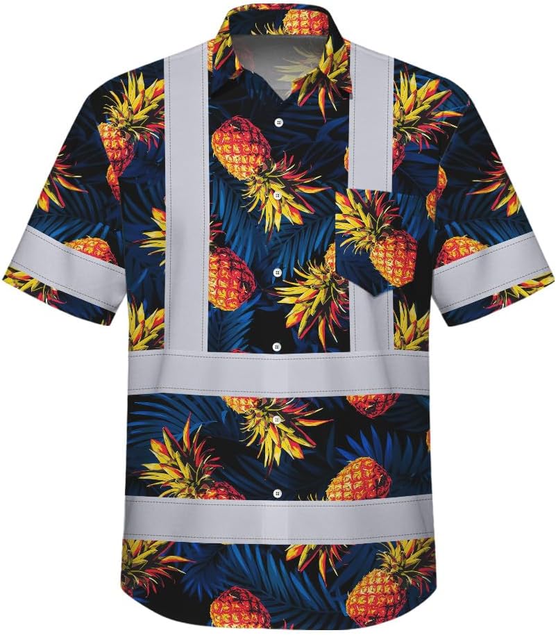 High Visibility Hawaiian Shirt for Men Tropical Shirts Custom Name Floral Outfit Reflective Safety Workwear