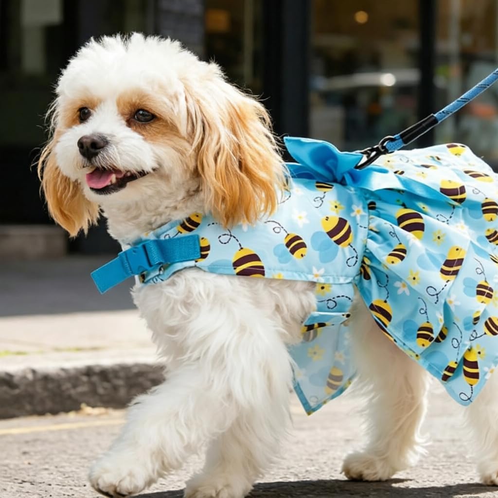 PUPTECK Summer Dog Dress with Bow and Leash Ring, Blue Yellow Bee M