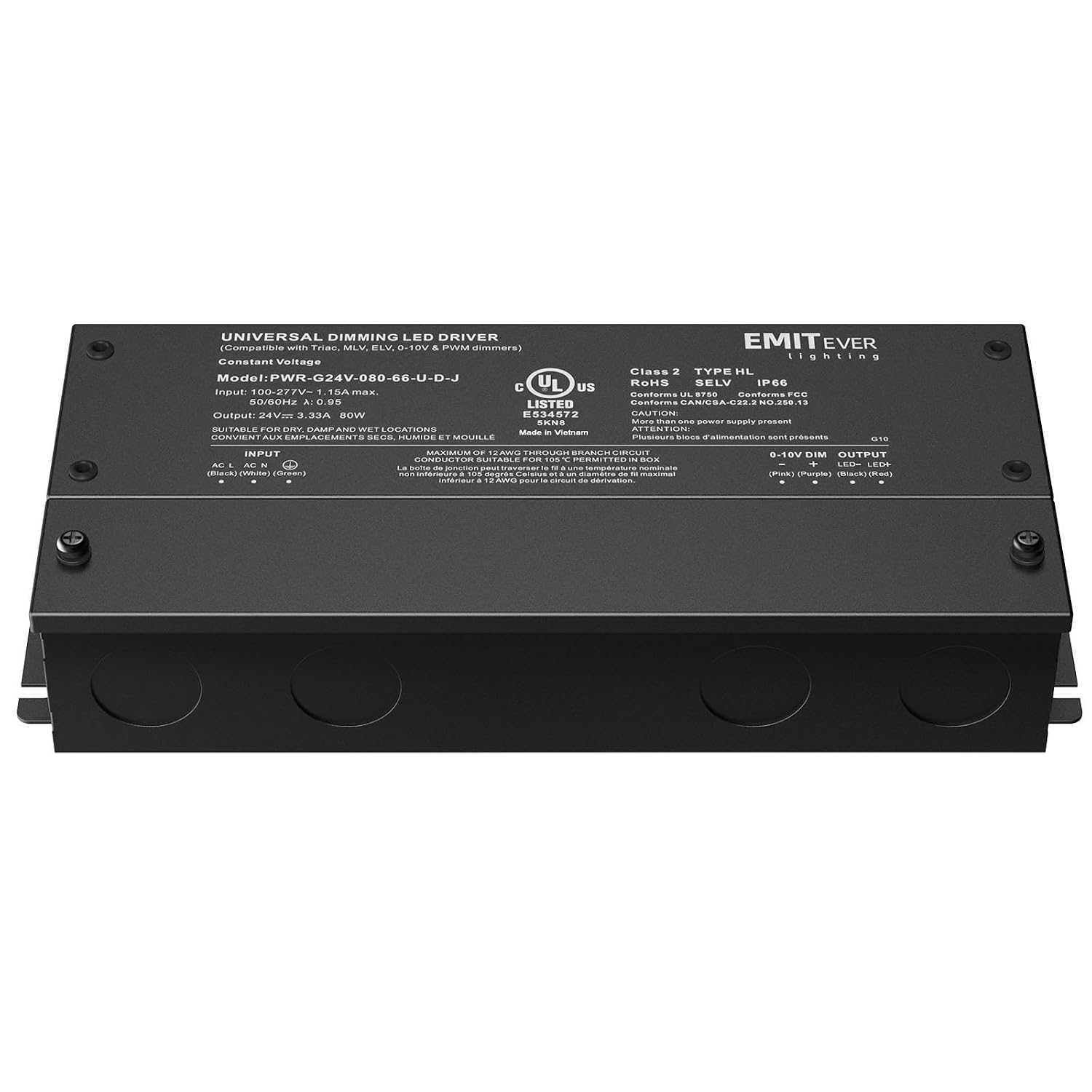 EMITEVER 80W 24V 5-in-1 Dimmable LED Driver,AC 110-277V to DC Power Supply