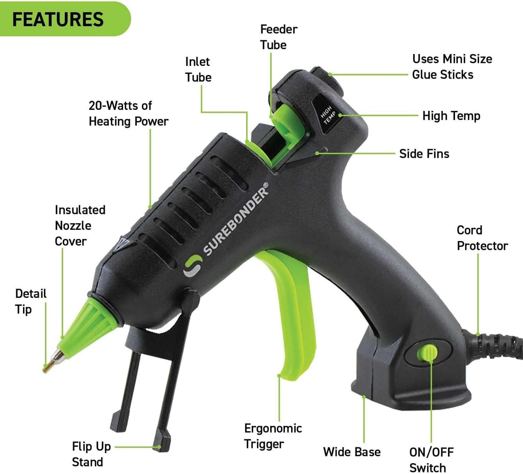 Surebonder Mini Hot Glue Gun with Fine Tip Nozzle - 20W High Temp Detail Tip Glue Gun for Crafts, DIY, & Repairs, Uses 7/16" Mini Glue Sticks