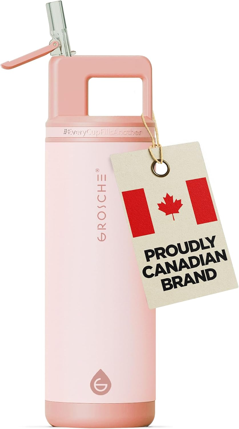 GROSCHE Alpine Flip N Sip Insulated Bottle with Straw Lid, Rose Pink, 20 oz