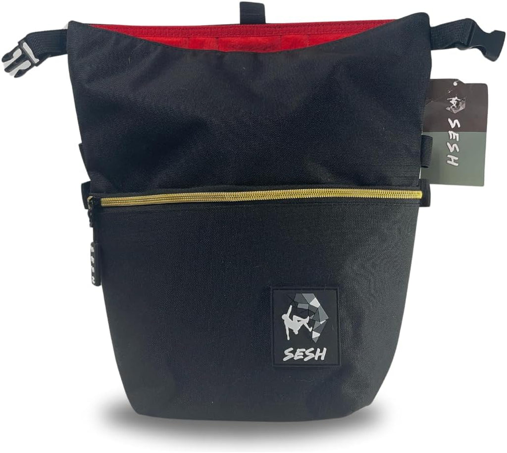 SESH Chalk Bucket - Large Size Chalk Bag for Climbing & Bouldering with Magnetic Closure, 4 Brush Holders, & 2 Side Pockets with Mesh Organizer - Durable