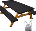 Picnic Table Cover with Bench Covers Camping Essentials Waterproof Windproof Camping Tablecloth with Drawstring Bag, Fitted Rectangle Tables and Seats, 96in, Black
