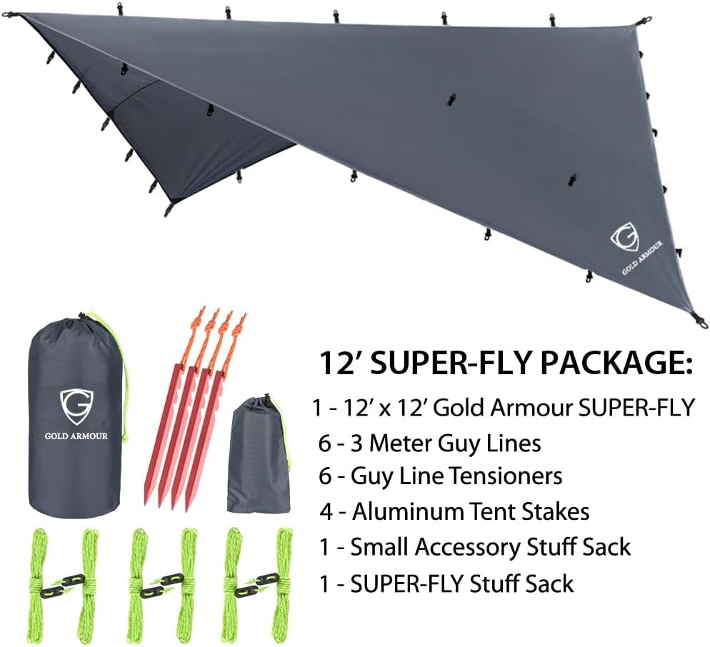 Gold Armour Premium 12ft x 12ft Waterproof Ultralight Camping Shelter Canopy, Must Have Camping Accessories, Gray